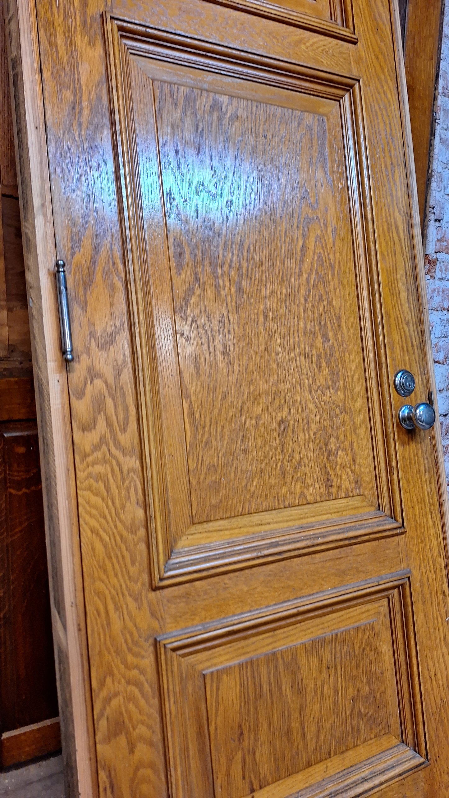 30" Oak Raised Panel Antique Door in Jamb, Interior Antique Passage Door in Frame, Salvaged Wood Door Architecture Salvage 080710