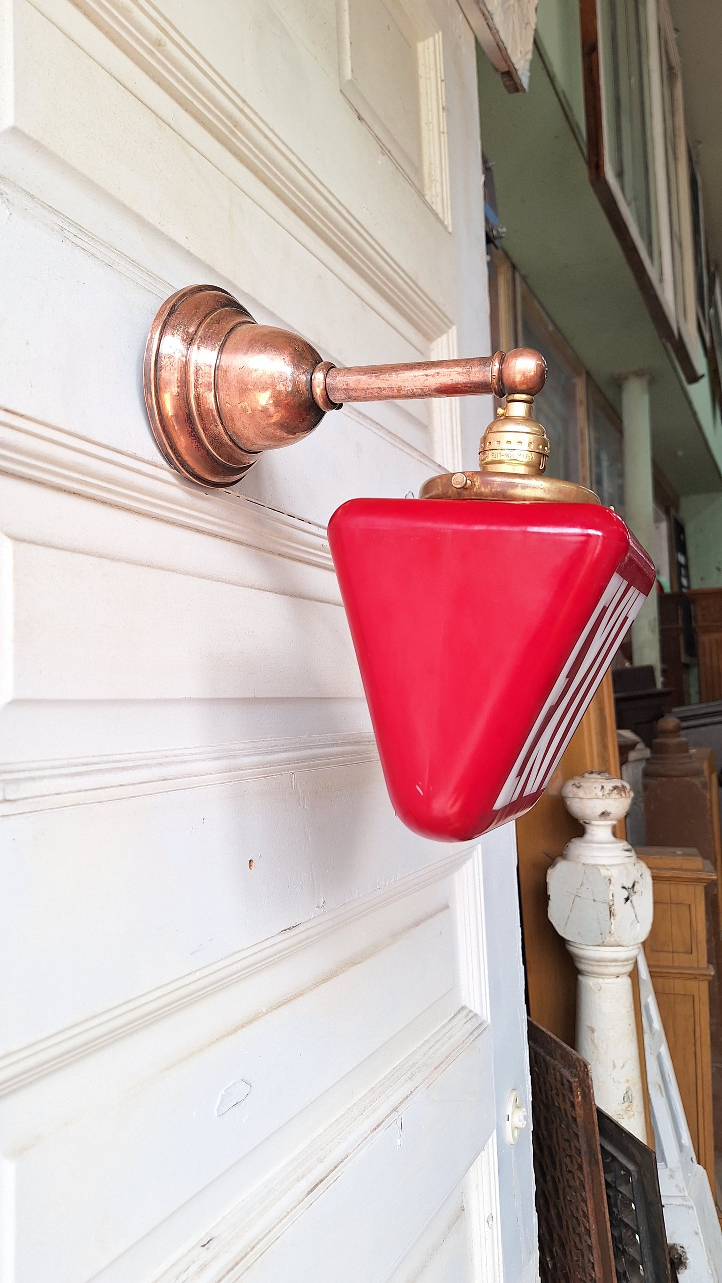 Vintage White and Red Exit Sign with Ornate Base, Wall Mounted Exit Sign Light, Milk Glass Exit Light Fixture 081004
