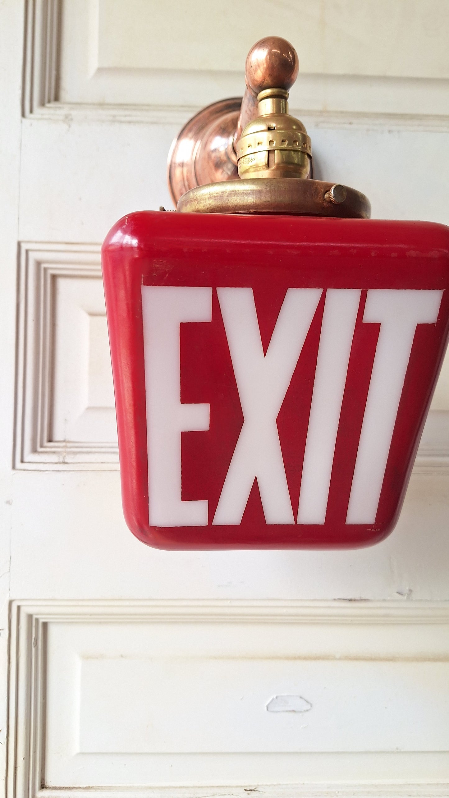 Vintage White and Red Exit Sign with Ornate Base, Wall Mounted Exit Sign Light, Milk Glass Exit Light Fixture 081004