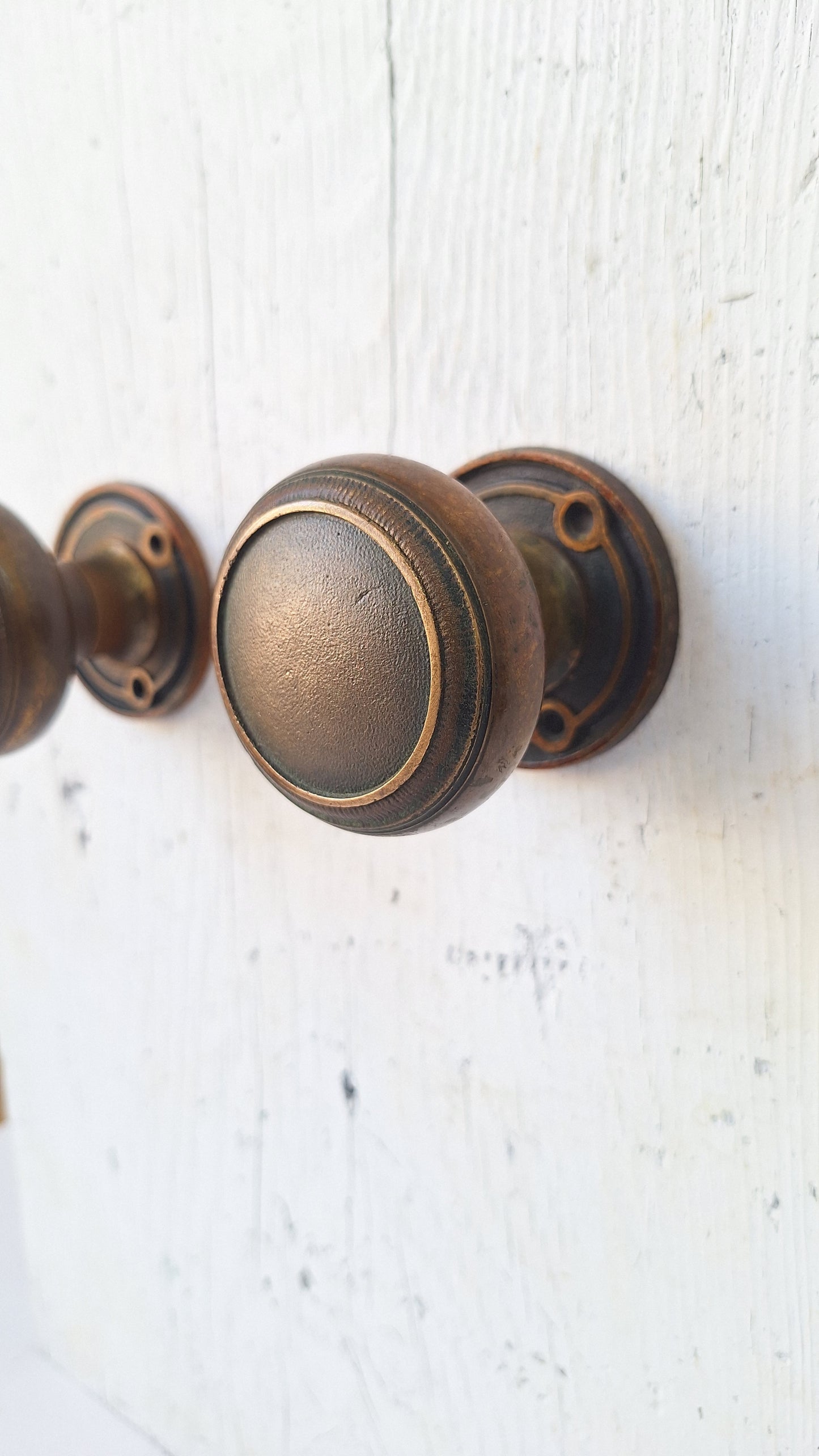 Antique Set of Solid Bronze Doorknob Set, Antique Door Knob Set with Bronze Rosettes Collars, Architecture Salvage