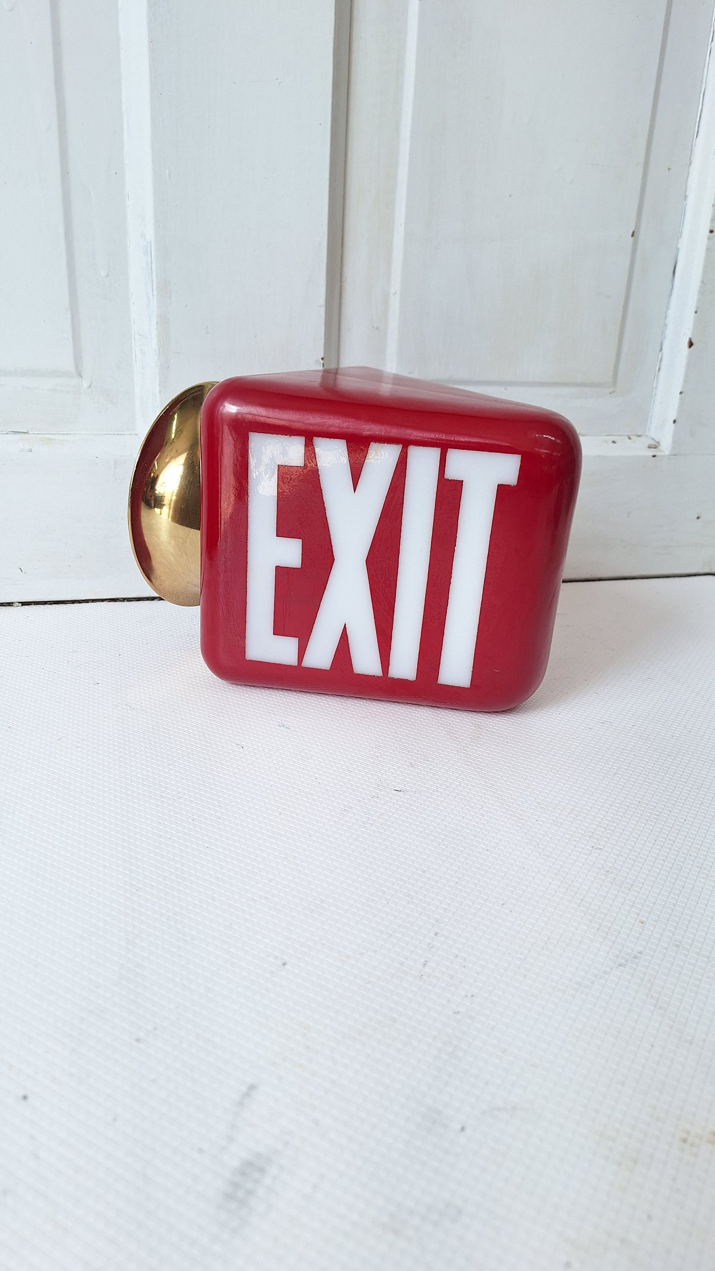 Vintage White and Red Exit Sign with Brass Base, Wall Mounted Exit Sign Light, Milk Glass Exit Light Fixture Kopp Brand 082106