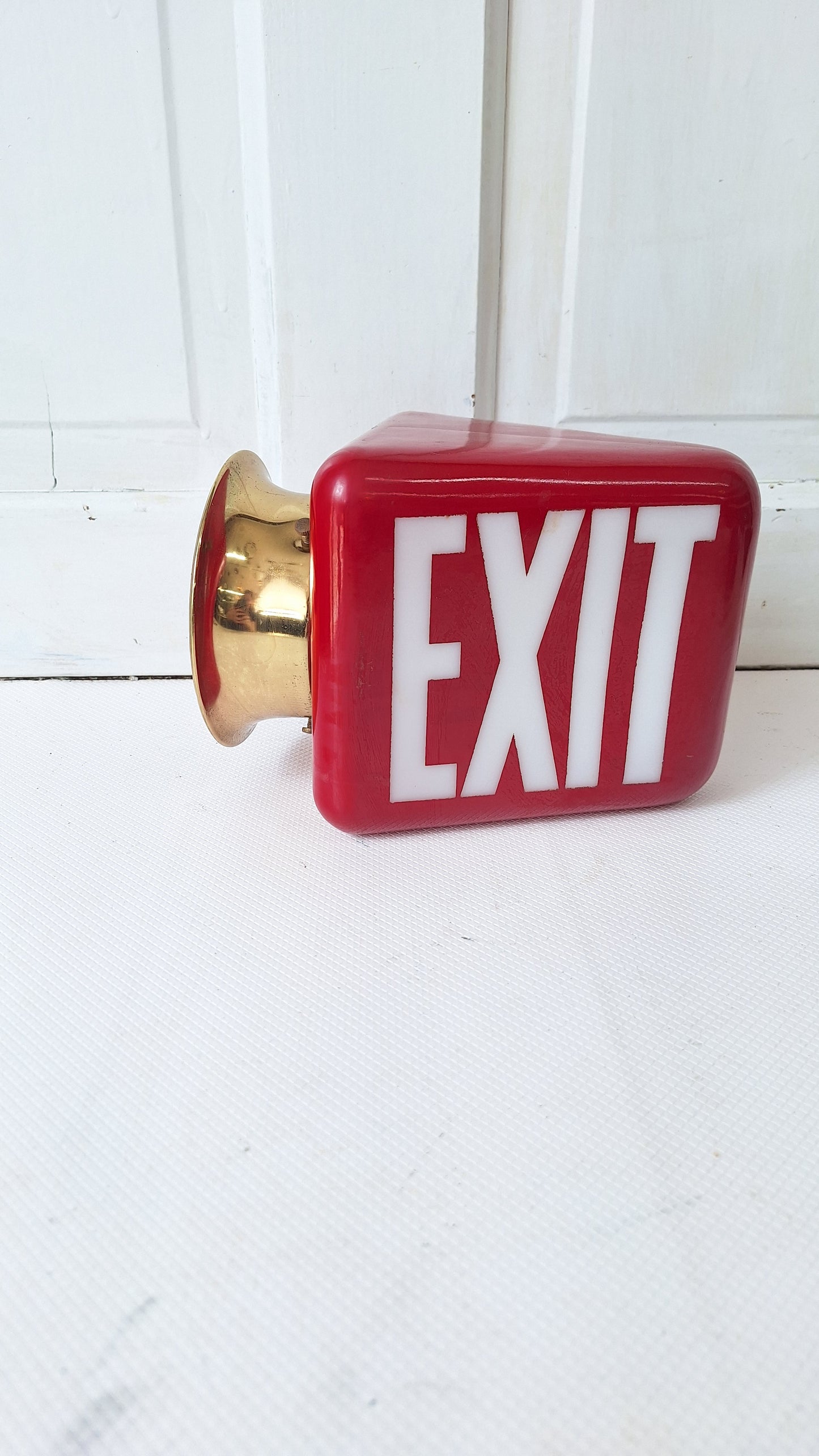 Vintage White and Red Exit Sign with Brass Base, Wall Mounted Exit Sign Light, Milk Glass Exit Light Fixture Kopp Brand 082106