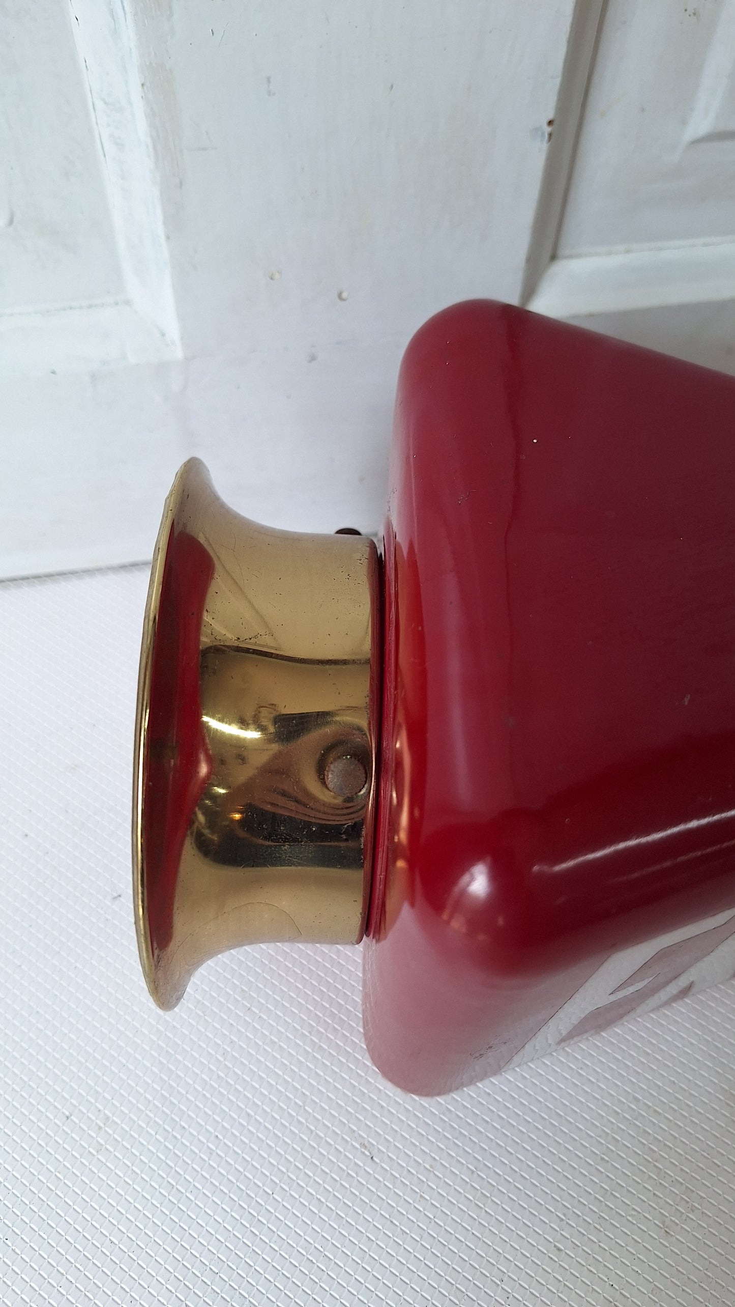 Vintage White and Red Exit Sign with Brass Base, Wall Mounted Exit Sign Light, Milk Glass Exit Light Fixture Kopp Brand 082106