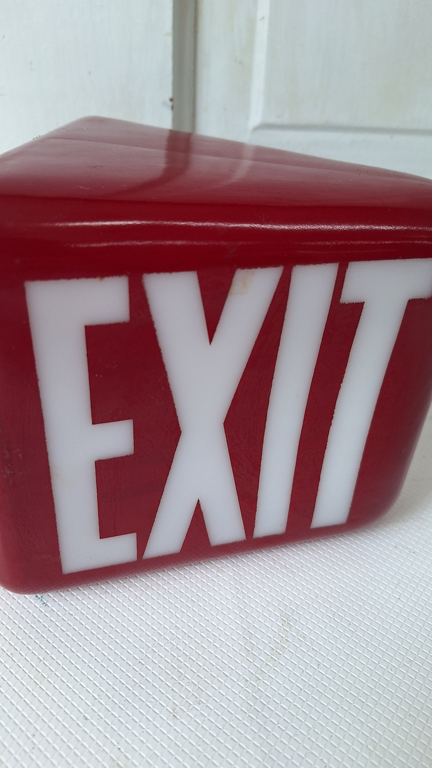 Vintage White and Red Exit Sign with Brass Base, Wall Mounted Exit Sign Light, Milk Glass Exit Light Fixture Kopp Brand 082106