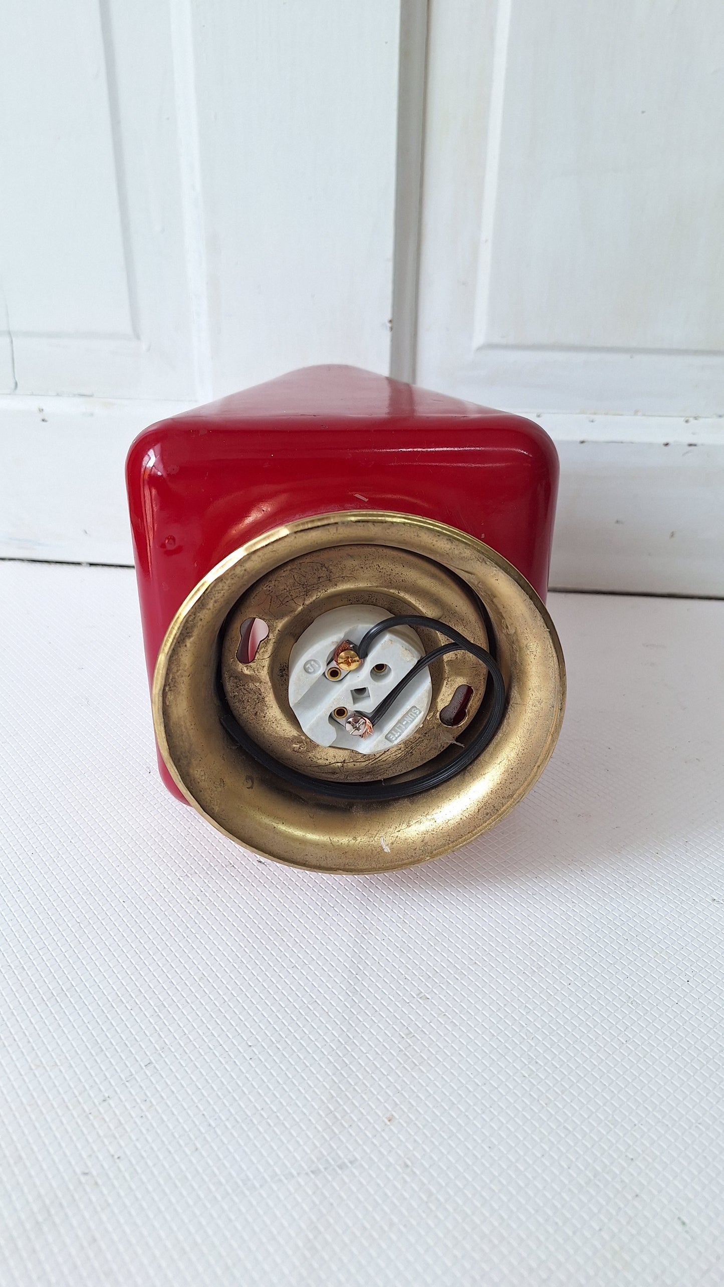 Vintage White and Red Exit Sign with Brass Base, Wall Mounted Exit Sign Light, Milk Glass Exit Light Fixture Kopp Brand 082106