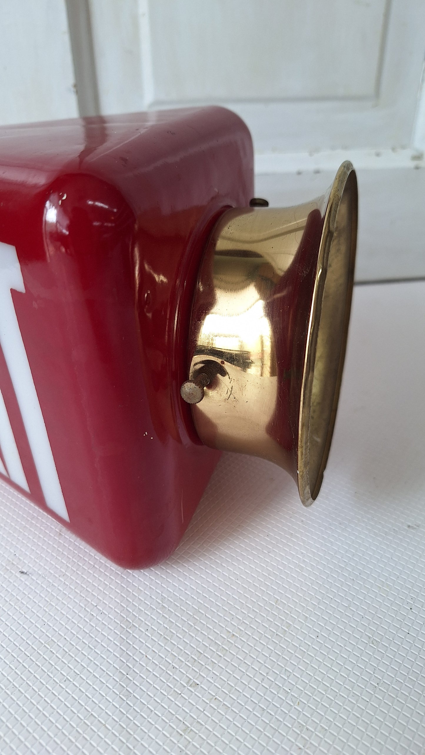Vintage White and Red Exit Sign with Brass Base, Wall Mounted Exit Sign Light, Milk Glass Exit Light Fixture Kopp Brand 082106