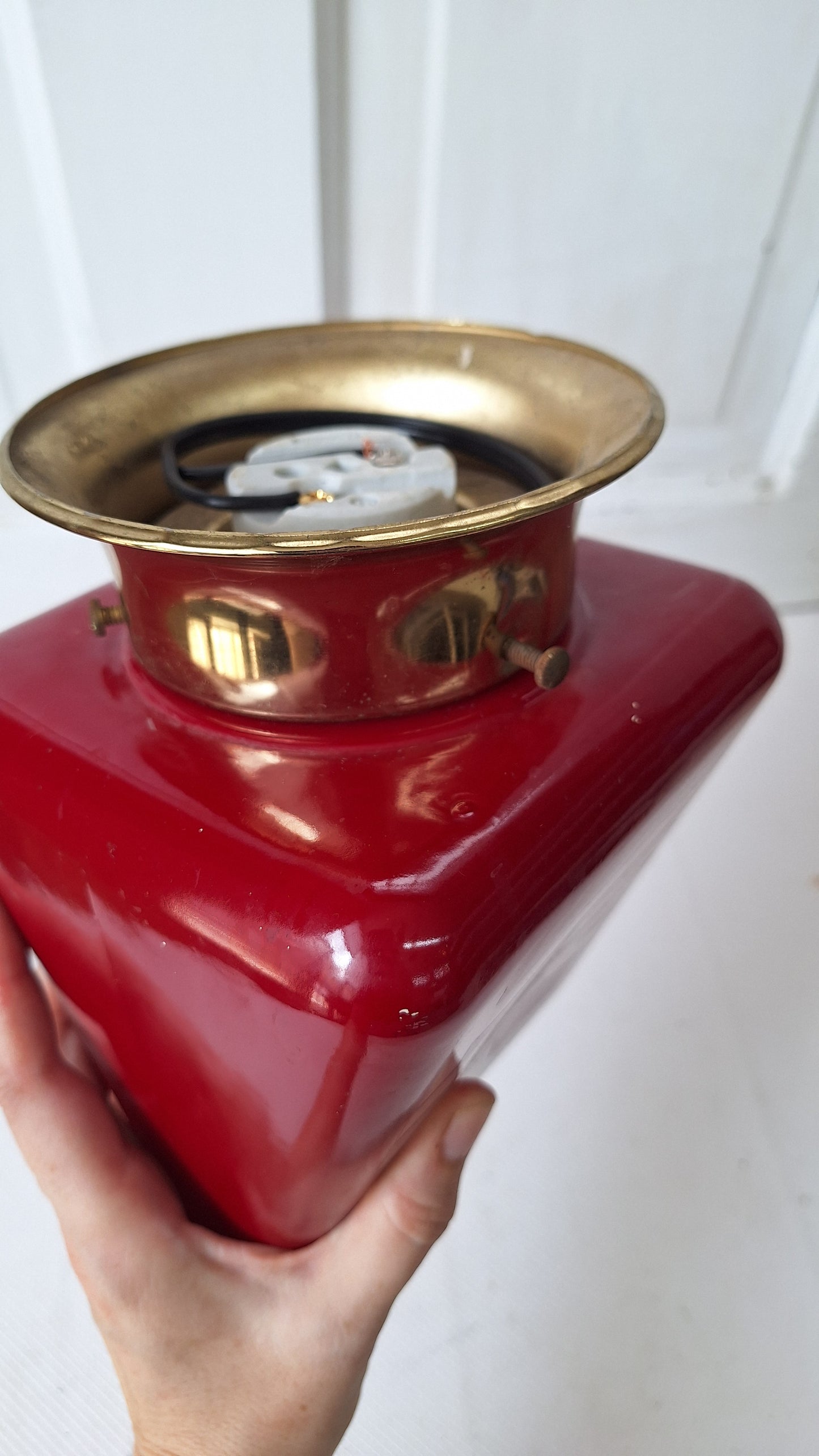Vintage White and Red Exit Sign with Brass Base, Wall Mounted Exit Sign Light, Milk Glass Exit Light Fixture Kopp Brand 082106