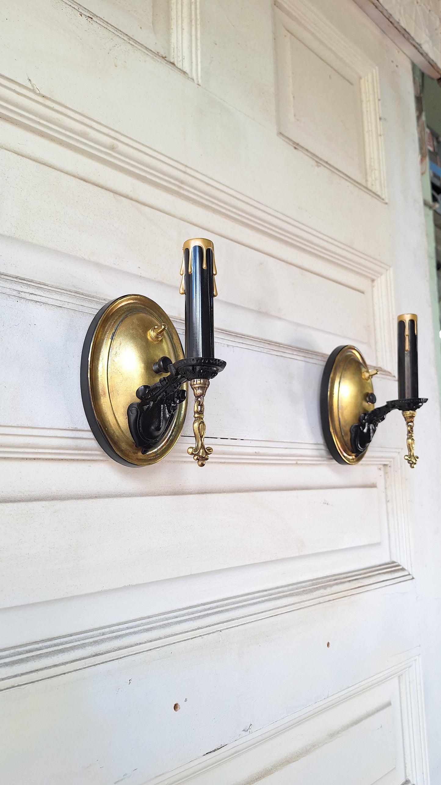Pair of Vintage Brass Sconces, Two Antique Wall Sconce Lights with Candle Sockets 082502