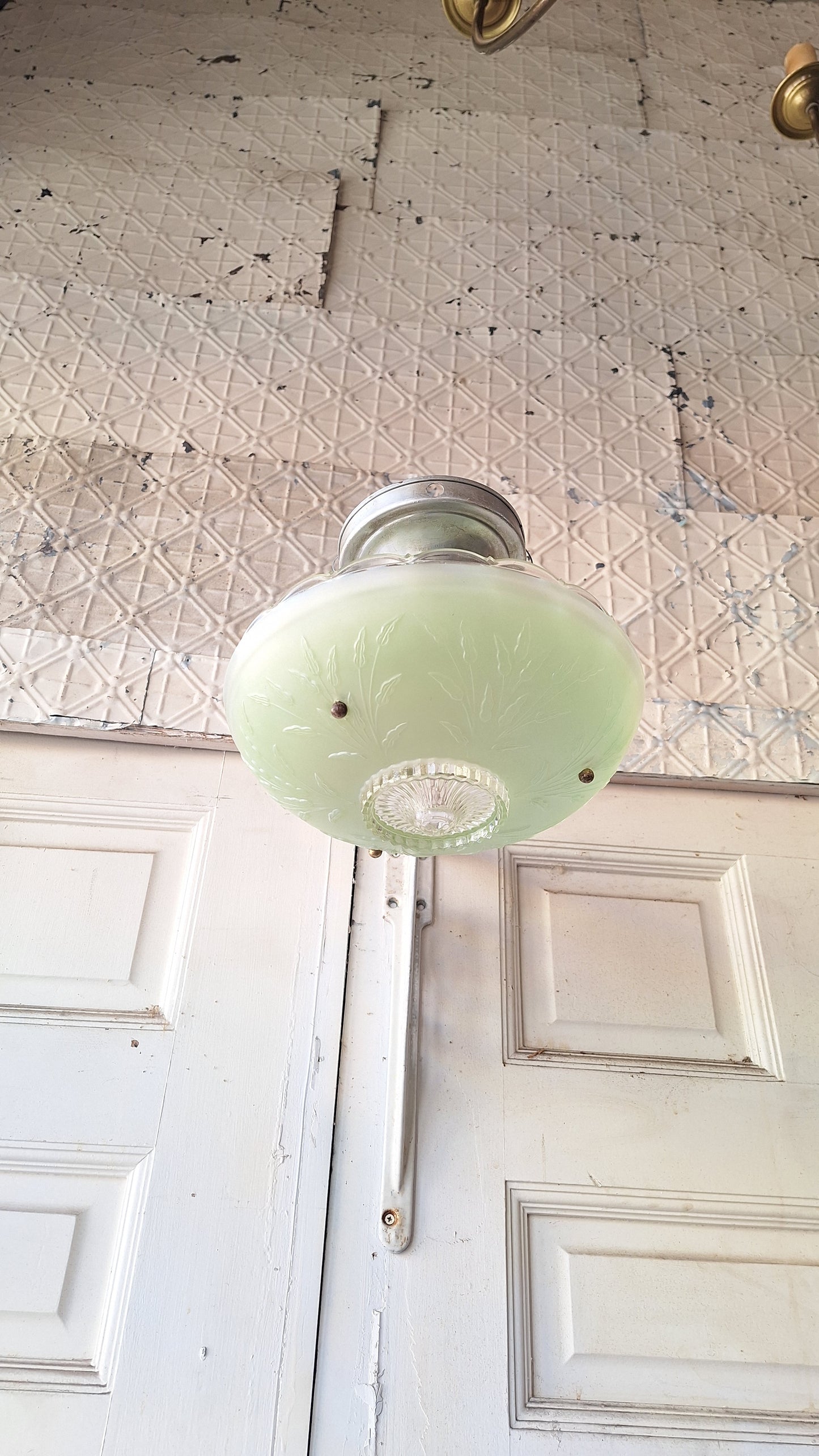 Vintage Green Glass Bowl Shade Three Chain Deco Light, Semi Flush Antique Light, Green Glass Vintage Light, Architectural Salvage 082601