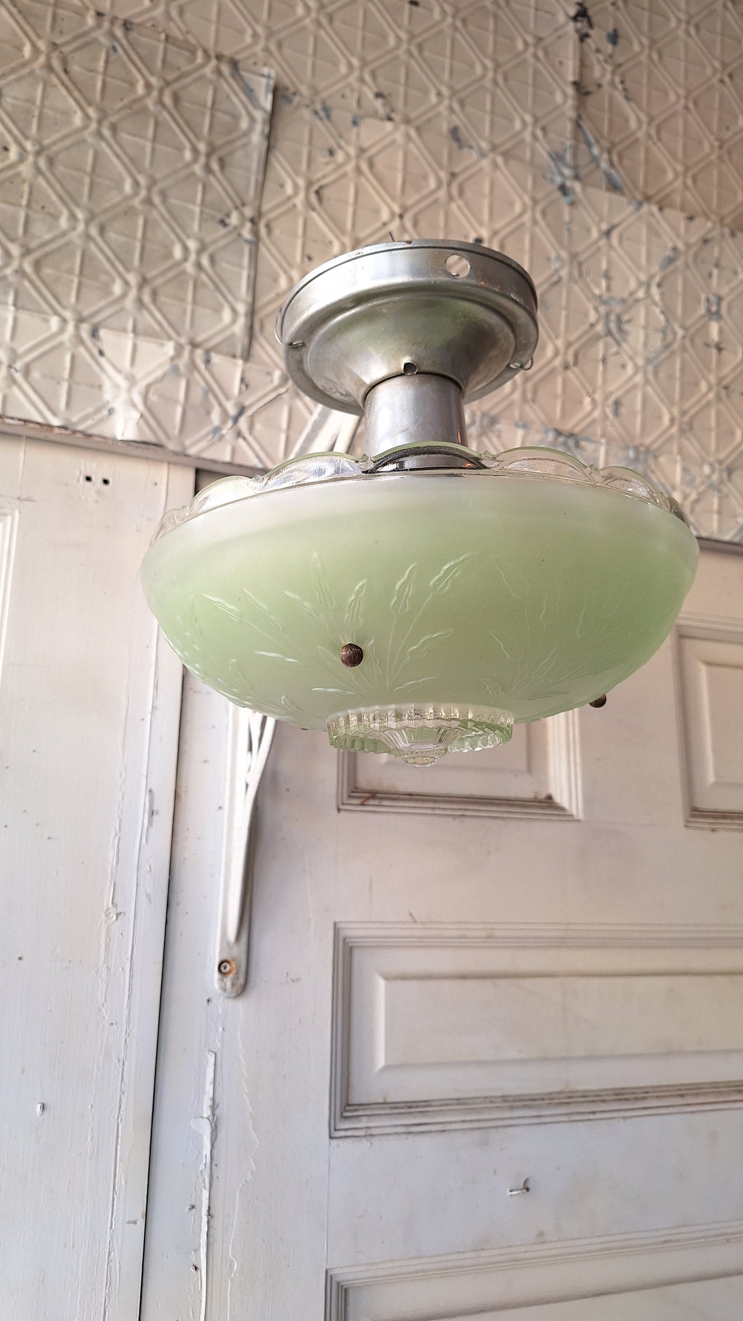 Vintage Green Glass Bowl Shade Three Chain Deco Light, Semi Flush Antique Light, Green Glass Vintage Light, Architectural Salvage 082601