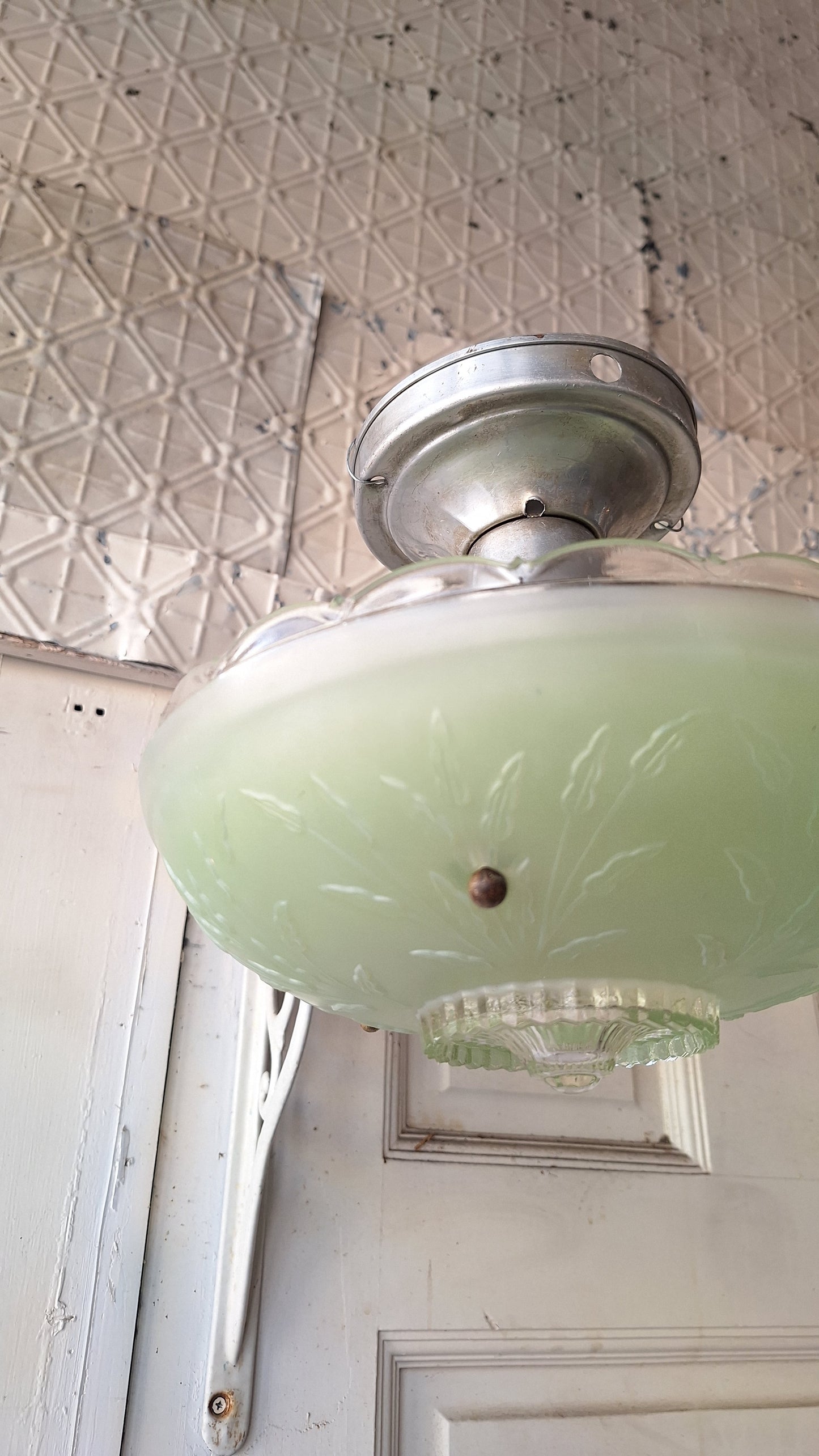 Vintage Green Glass Bowl Shade Three Chain Deco Light, Semi Flush Antique Light, Green Glass Vintage Light, Architectural Salvage 082601