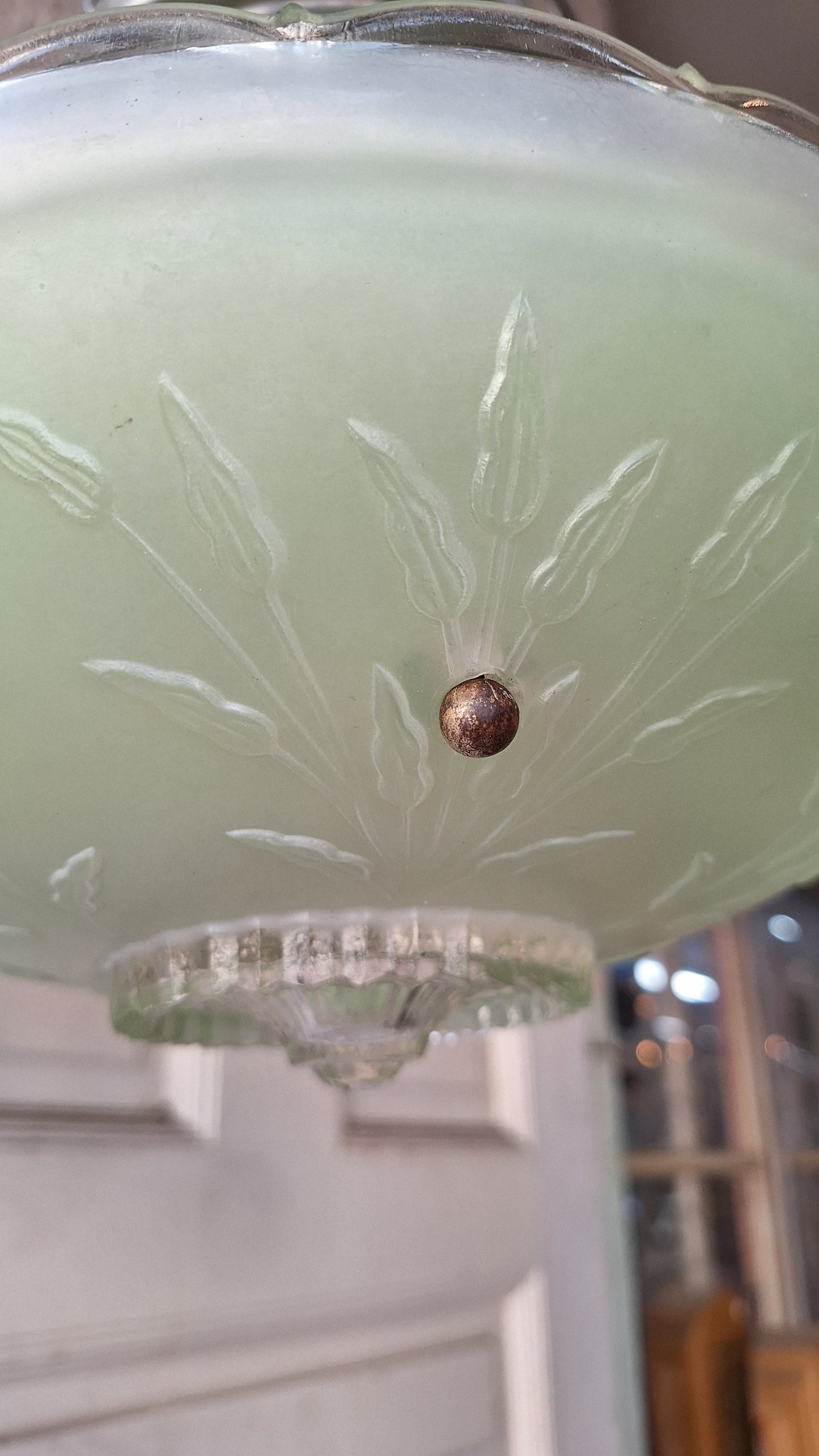 Vintage Green Glass Bowl Shade Three Chain Deco Light, Semi Flush Antique Light, Green Glass Vintage Light, Architectural Salvage 082601