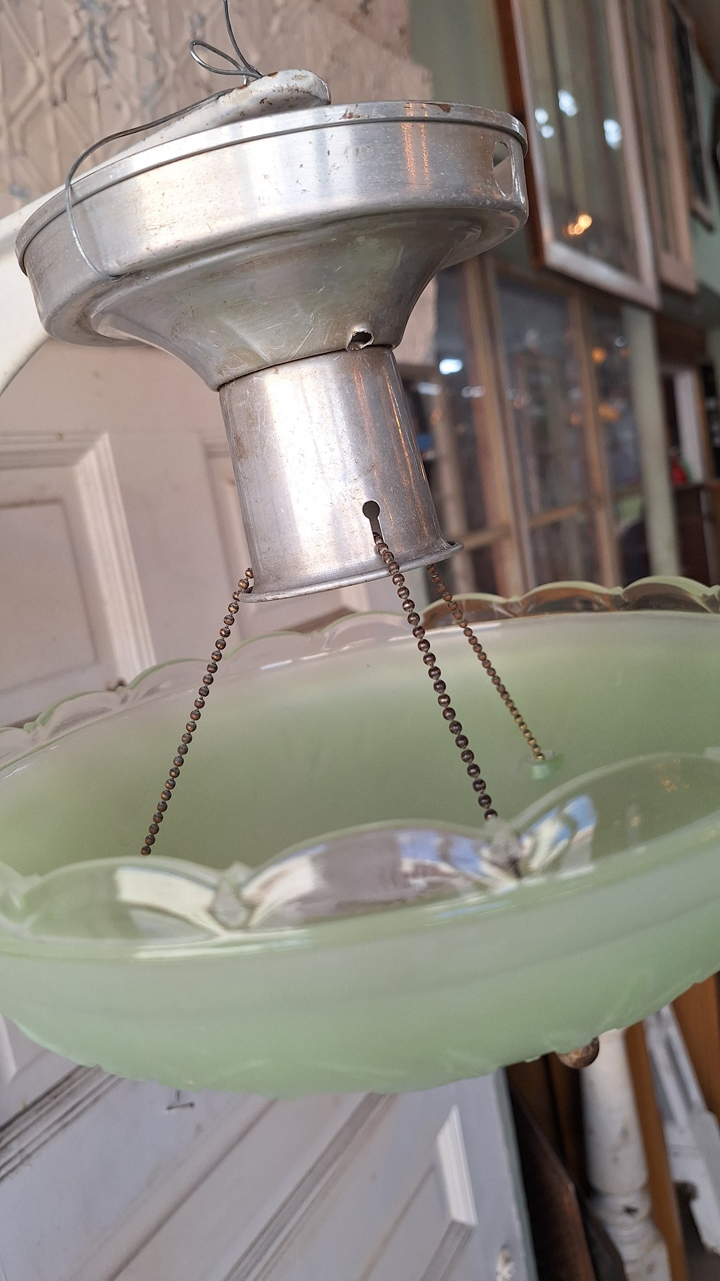 Vintage Green Glass Bowl Shade Three Chain Deco Light, Semi Flush Antique Light, Green Glass Vintage Light, Architectural Salvage 082601