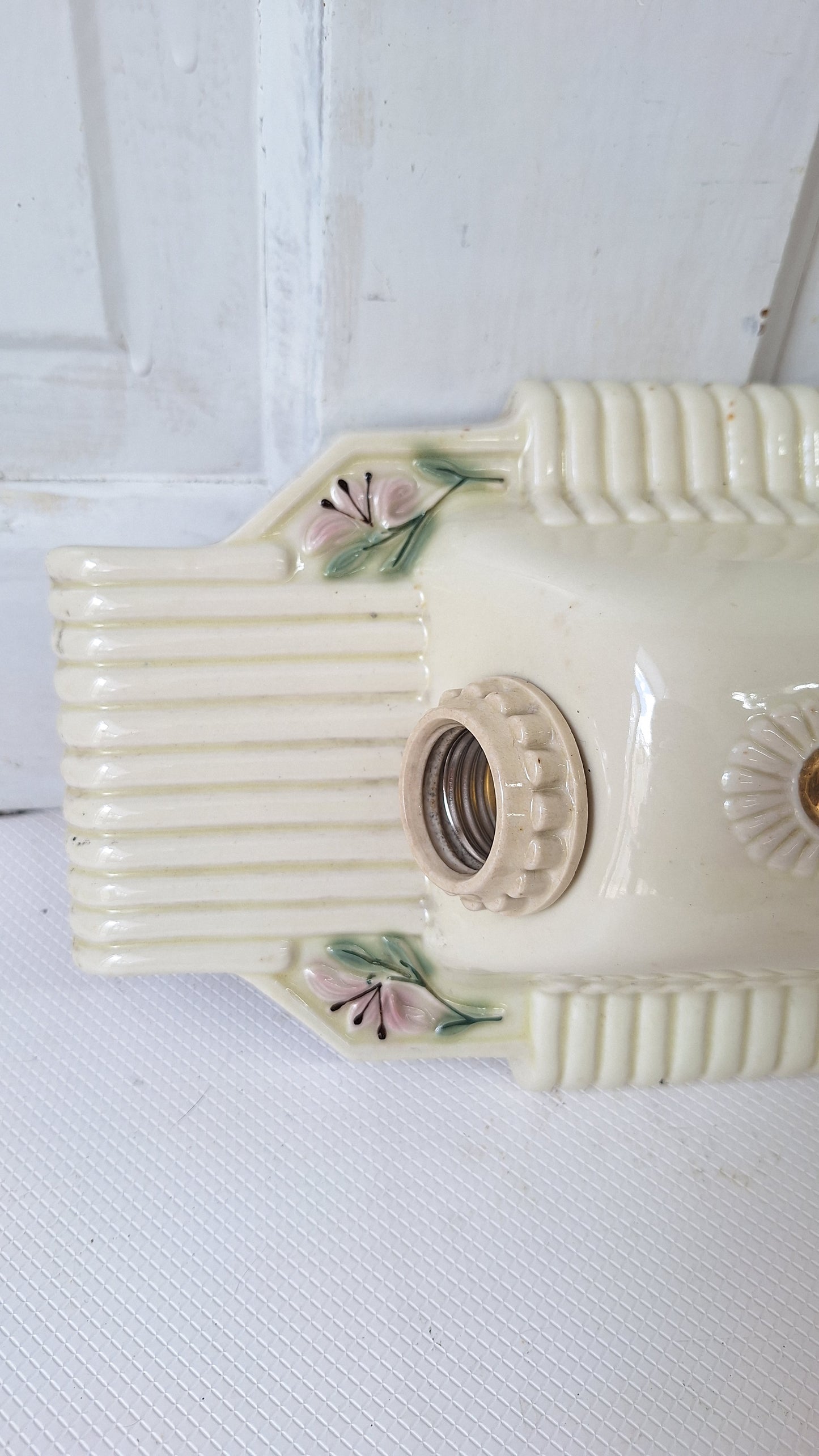 Two Bulb Porcelier Light, Art Deco Fixture, Art Deco Light, Single Bulb Light, White and Pink Light, Little Girl's Porcelain Light 082603