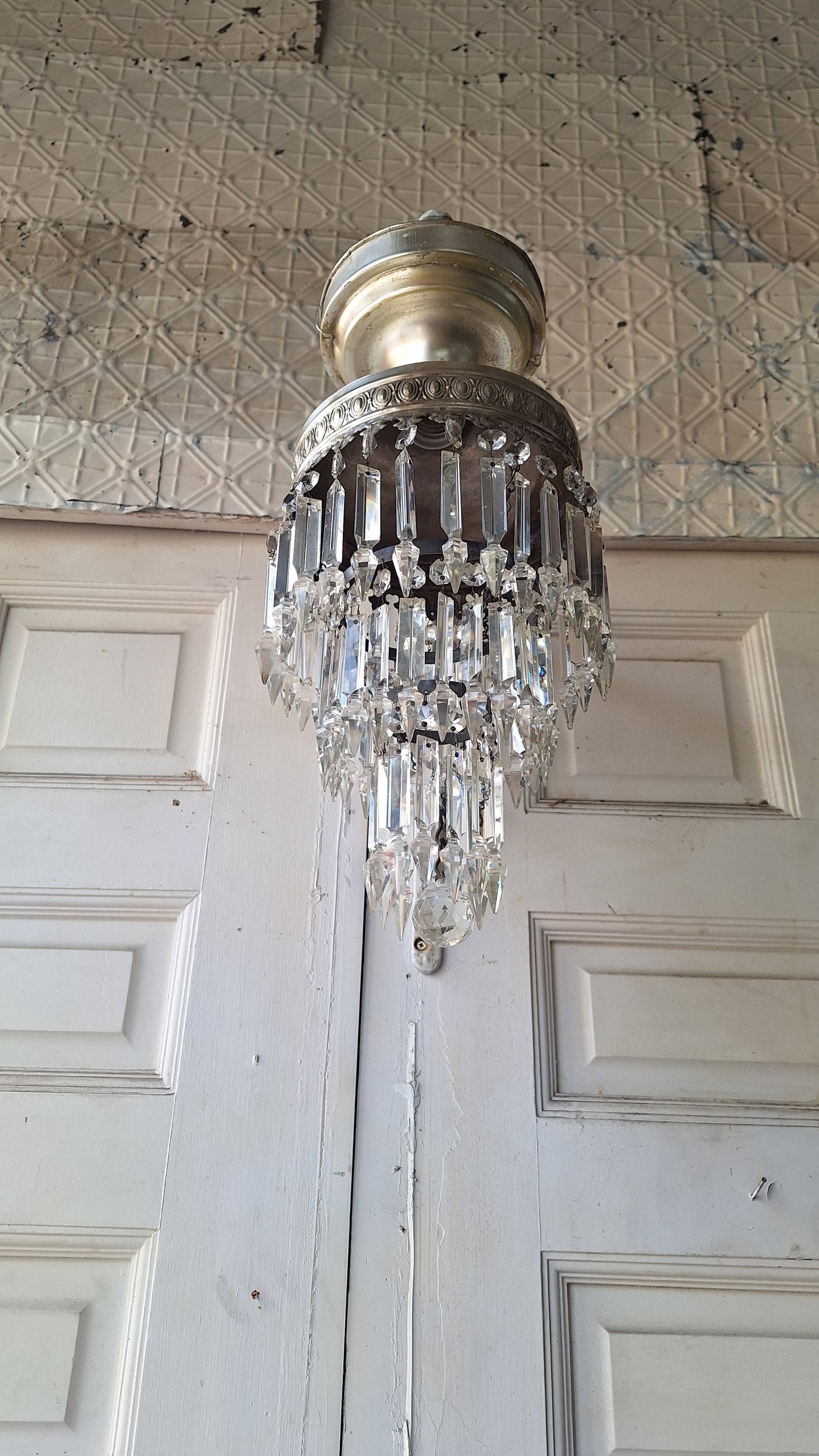 Vintage Silver Crystal Chandelier, Cut Glass Flush Mount Light, Small Chandelier, Draped Crystal Light