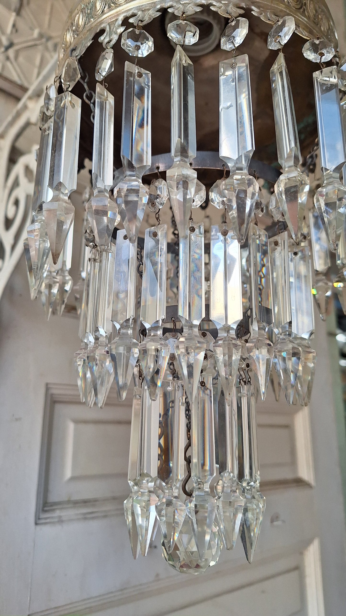 Vintage Silver Crystal Chandelier, Cut Glass Flush Mount Light, Small Chandelier, Draped Crystal Light