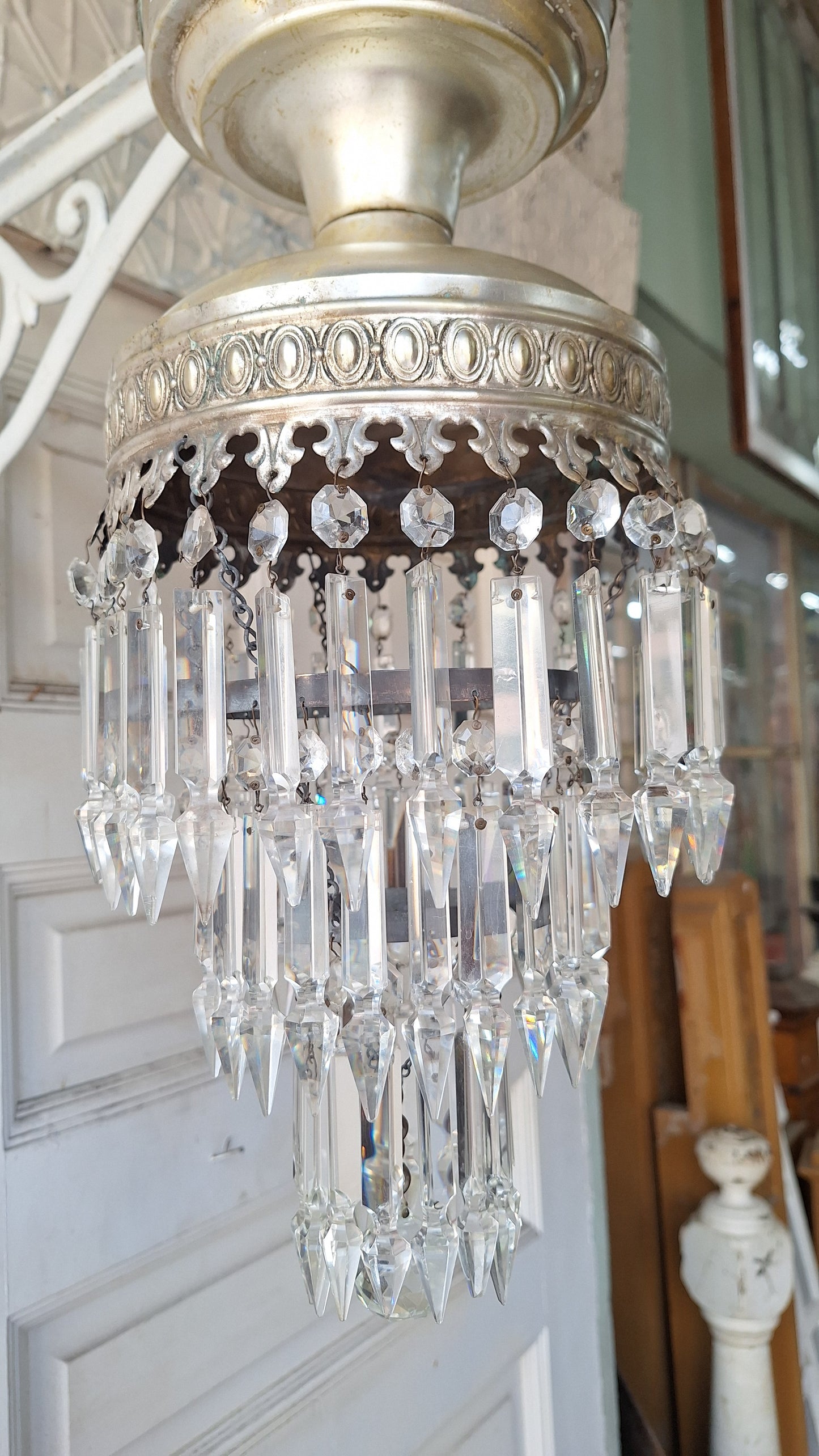 Vintage Silver Crystal Chandelier, Cut Glass Flush Mount Light, Small Chandelier, Draped Crystal Light