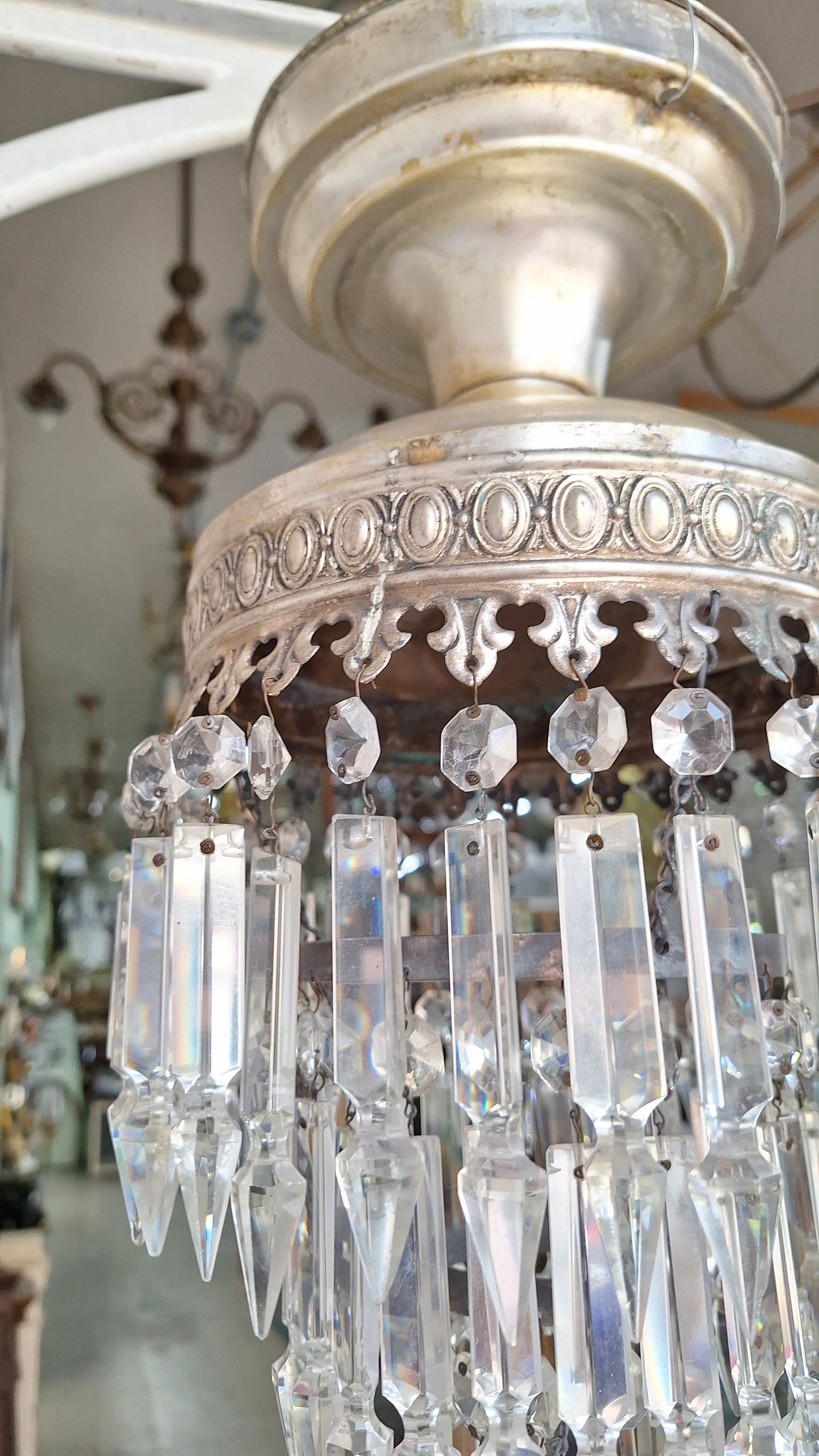 Vintage Silver Crystal Chandelier, Cut Glass Flush Mount Light, Small Chandelier, Draped Crystal Light