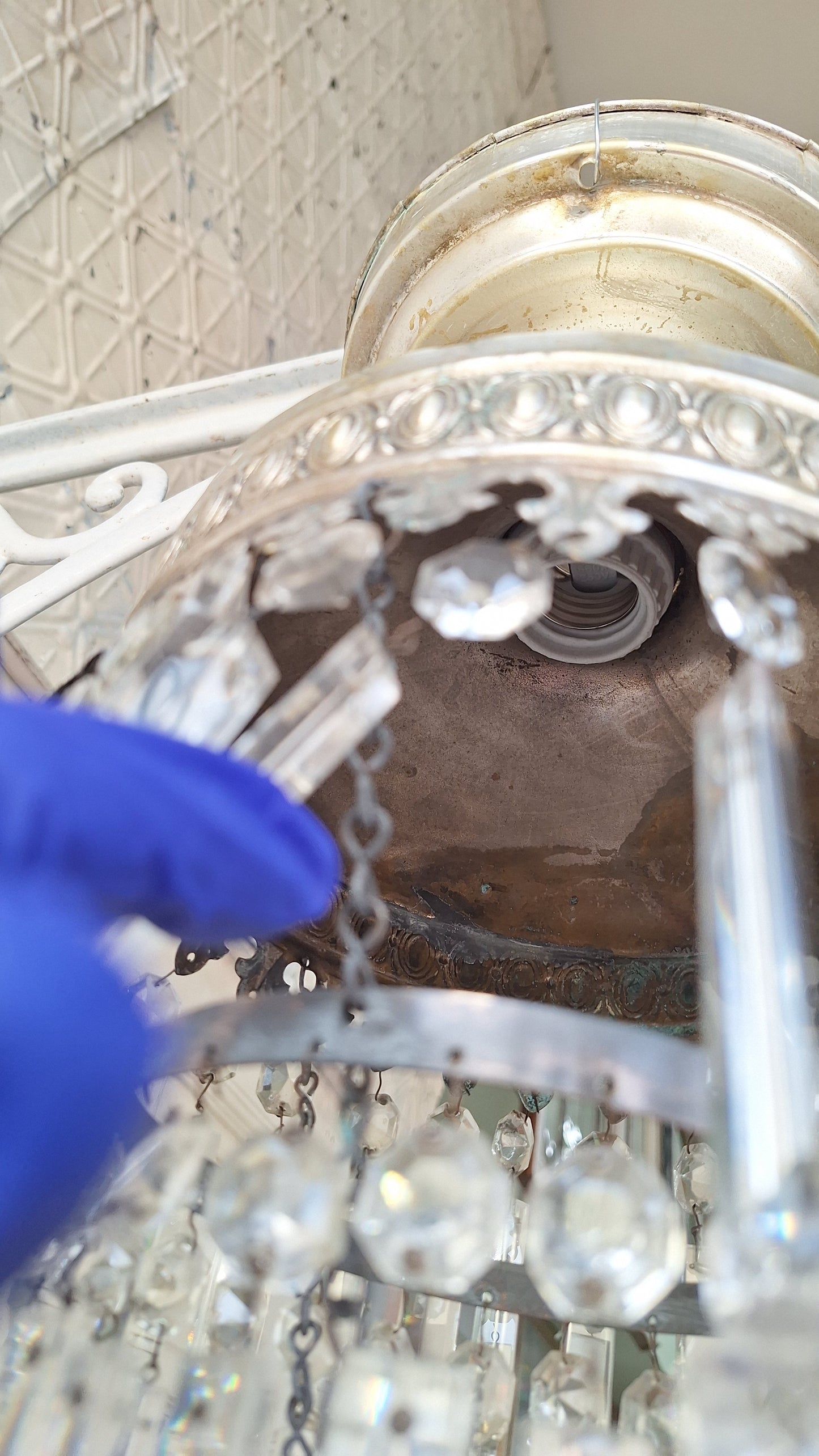 Vintage Silver Crystal Chandelier, Cut Glass Flush Mount Light, Small Chandelier, Draped Crystal Light