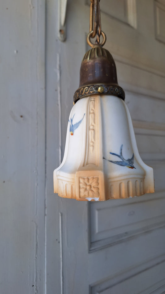 Bluebird Shades Antique Pan Light, Antique Brass Chandelier with Hand Painted Blue Bird Glass Shades