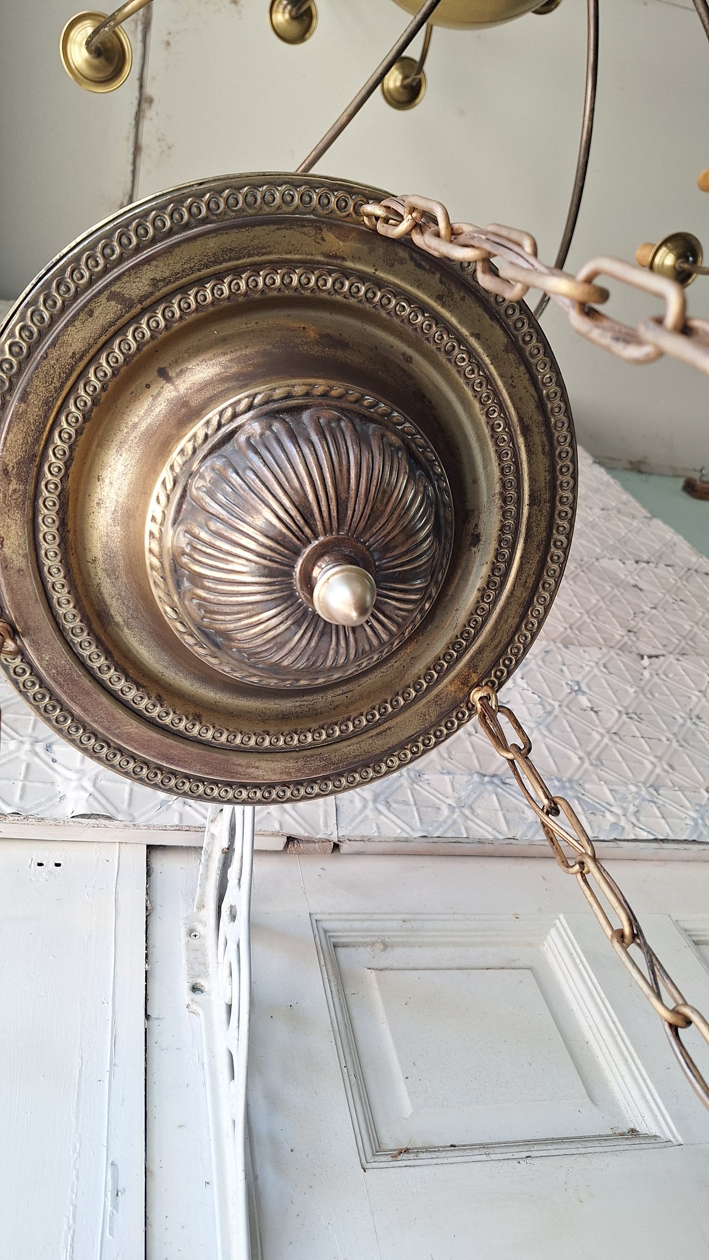 Bluebird Shades Antique Pan Light, Antique Brass Chandelier with Hand Painted Blue Bird Glass Shades