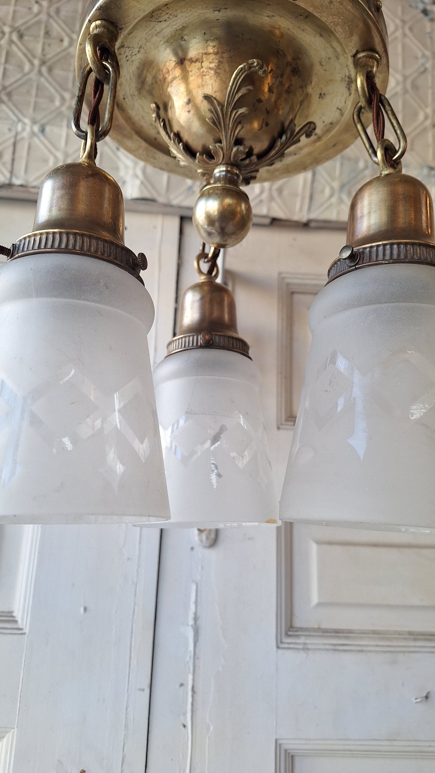 Antique Brass Pan Light with Etched Shades and Bronze Leaf Detailing, Antique Small Ceiling Light