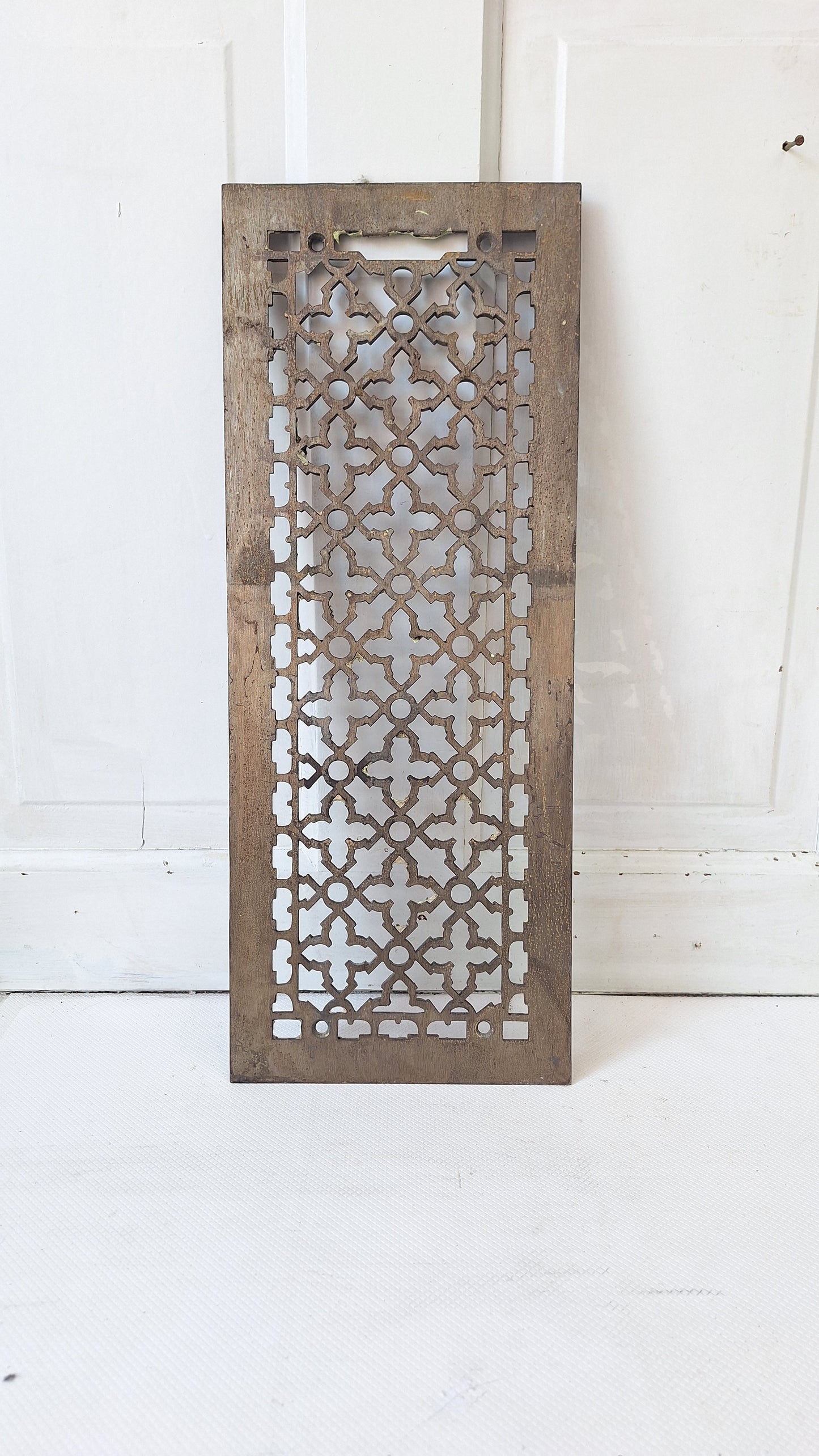 8 x 20 Antique Narrow Cast Iron Vent Cover with Ornate Design, Victorian Era Floor Vent Grate