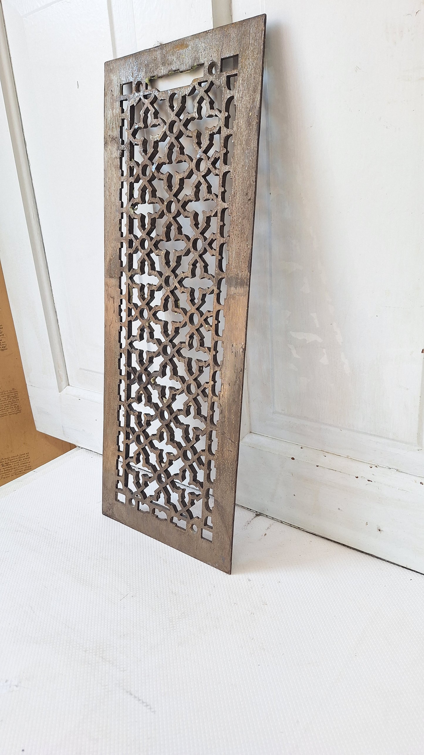 8 x 20 Antique Narrow Cast Iron Vent Cover with Ornate Design, Victorian Era Floor Vent Grate