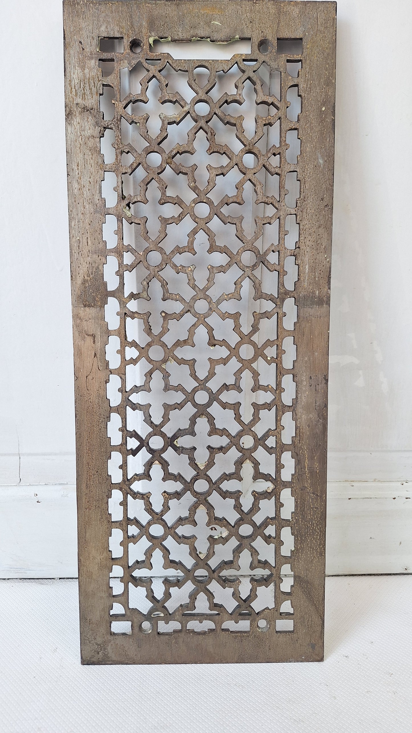 8 x 20 Antique Narrow Cast Iron Vent Cover with Ornate Design, Victorian Era Floor Vent Grate