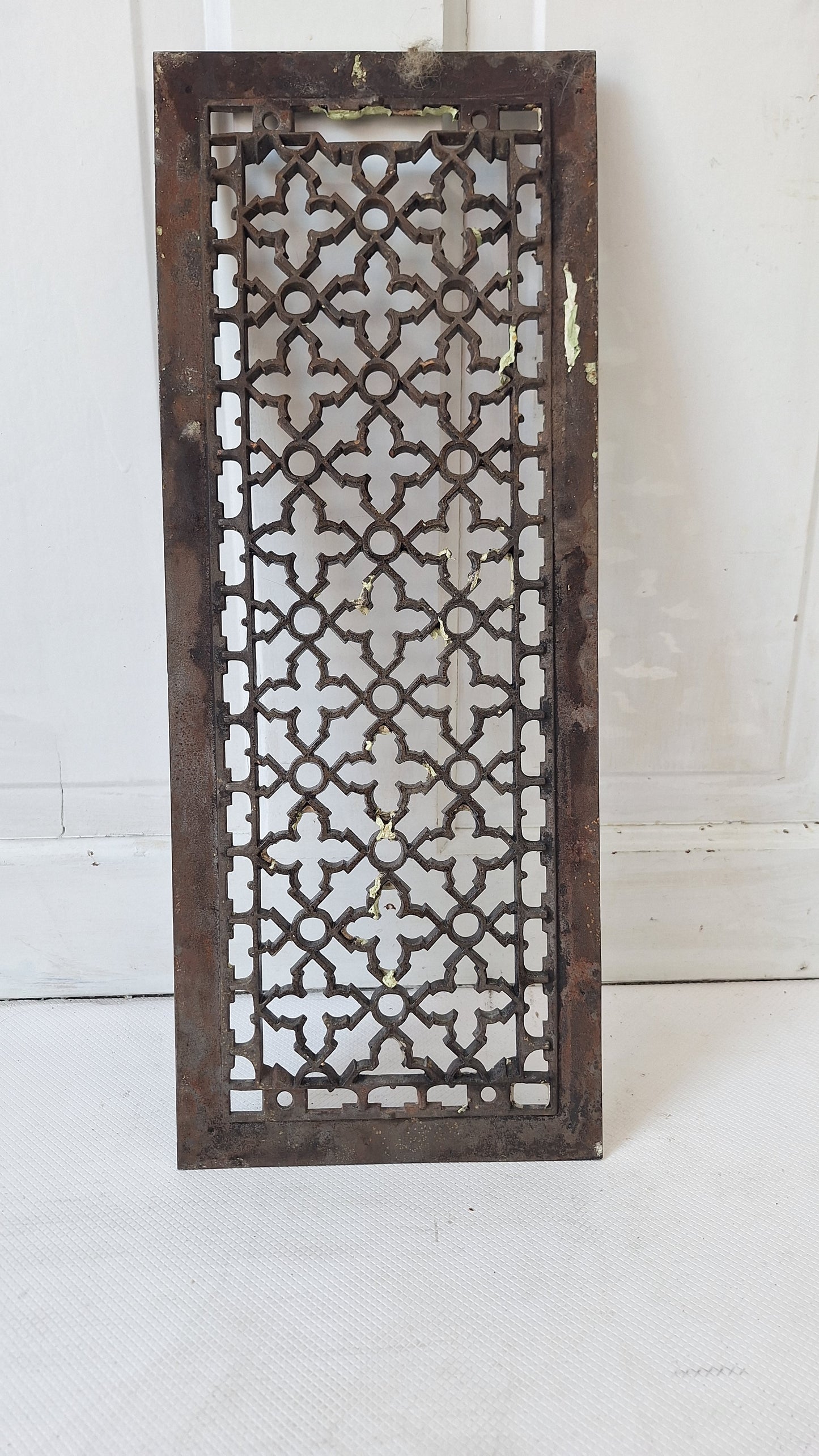 8 x 20 Antique Narrow Cast Iron Vent Cover with Ornate Design, Victorian Era Floor Vent Grate