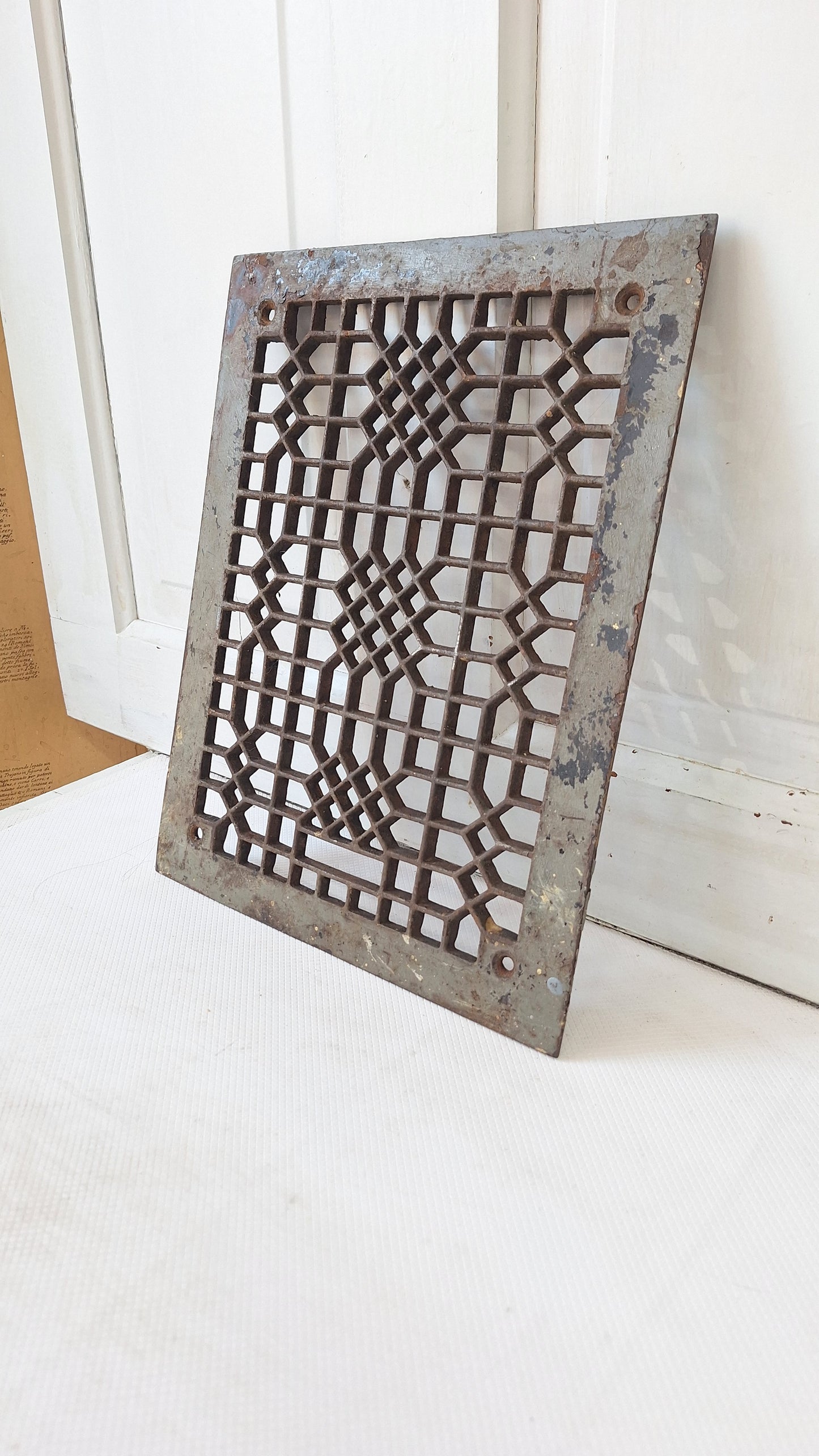 14 x 11 Antique Iron Lattice Pattern Vent Cover, Salvaged Cast Iron Floor Vent Grate