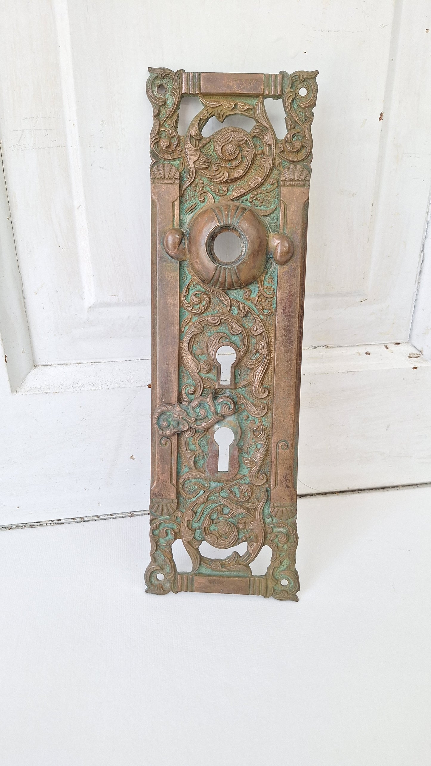 Antique Reading Hardware Bronze Door Large Entry Plate: Colombian Mythical Beast Design