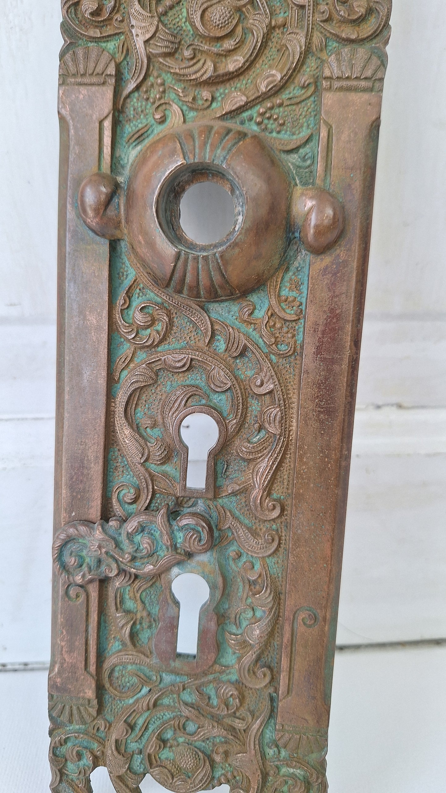 Antique Reading Hardware Bronze Door Large Entry Plate: Colombian Mythical Beast Design