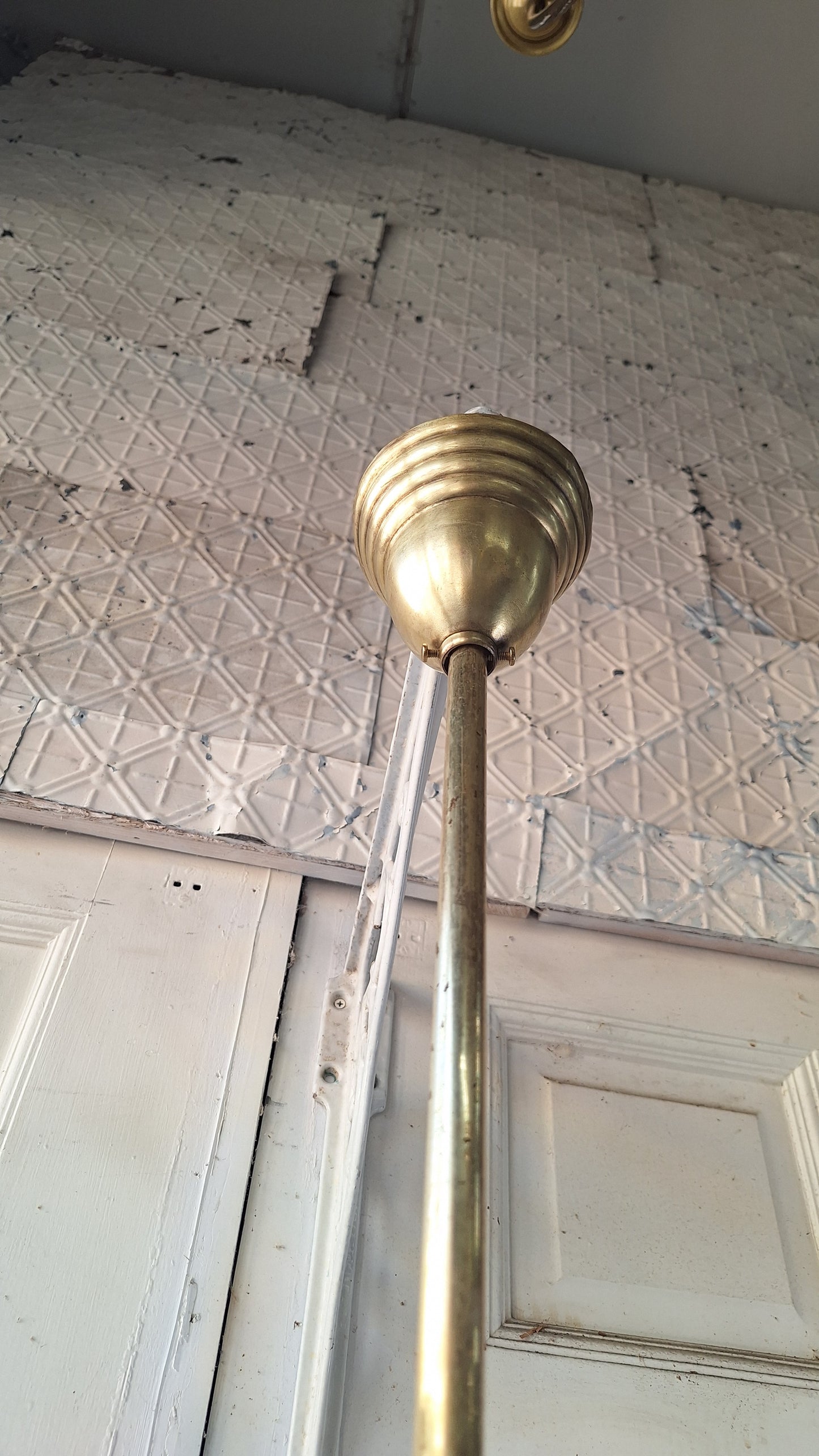 48" Antique Chandelier with Ruffled Etched Glass Shades, Tall Vintage Brass Chandelier Light