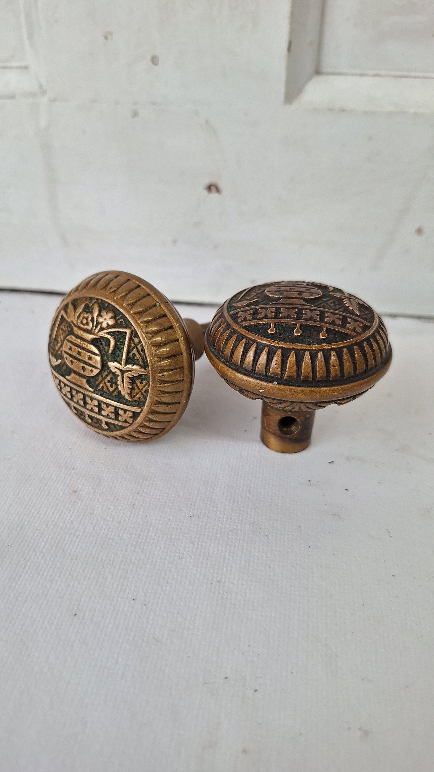Broken Leaf Design Pair of Bronze Doorknobs, Eastlake Style Victorian Door Knob Set