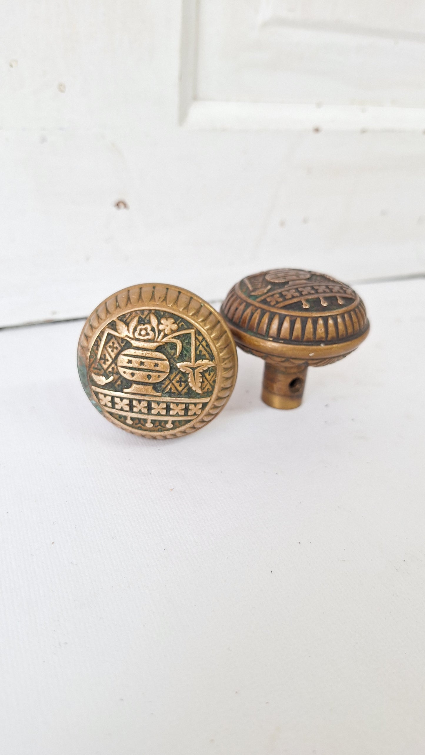 Broken Leaf Design Pair of Bronze Doorknobs, Eastlake Style Victorian Door Knob Set
