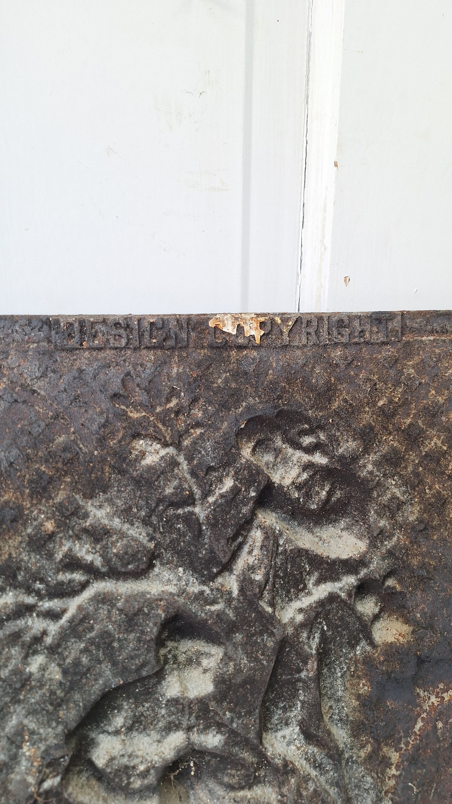 Agricultural Scene Fireplace Summer Cover, Antique Cast Iron Figural Firebox Cover