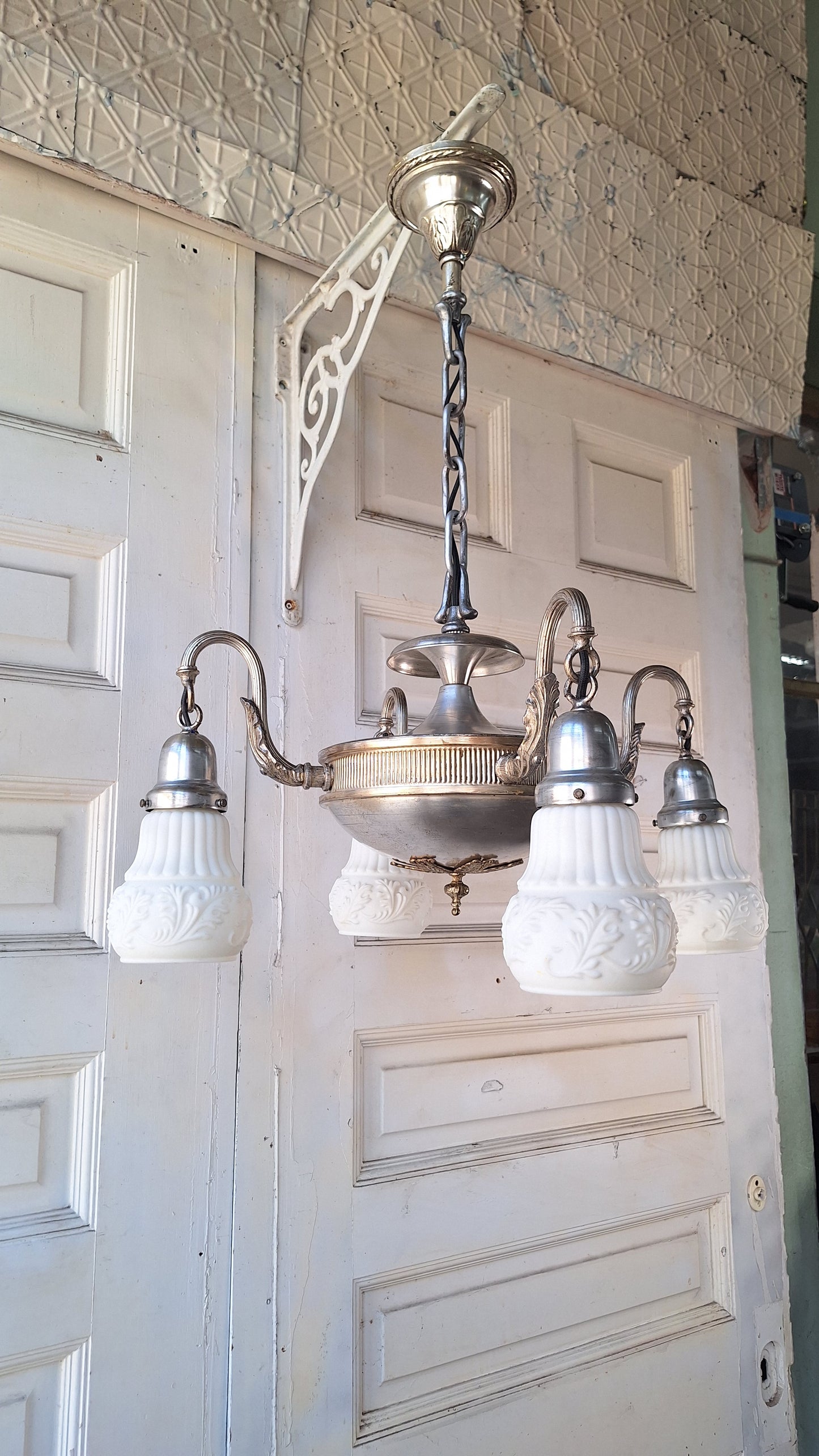 Silver Plated Chandelier: Vintage Four Arm Pan Light with Frosted White Glass Shades
