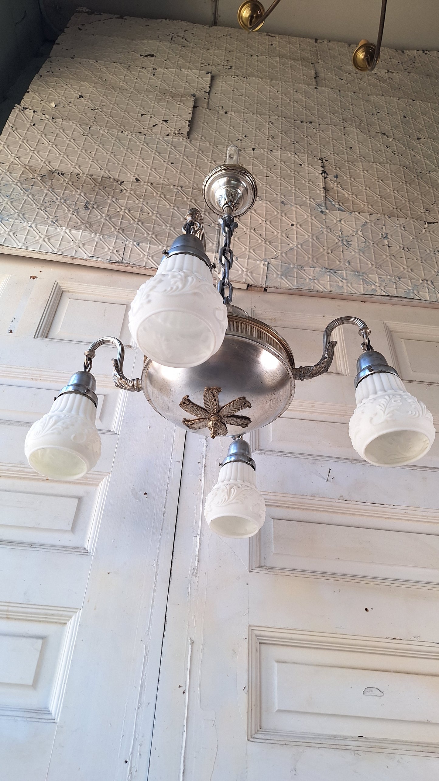 Silver Plated Chandelier: Vintage Four Arm Pan Light with Frosted White Glass Shades