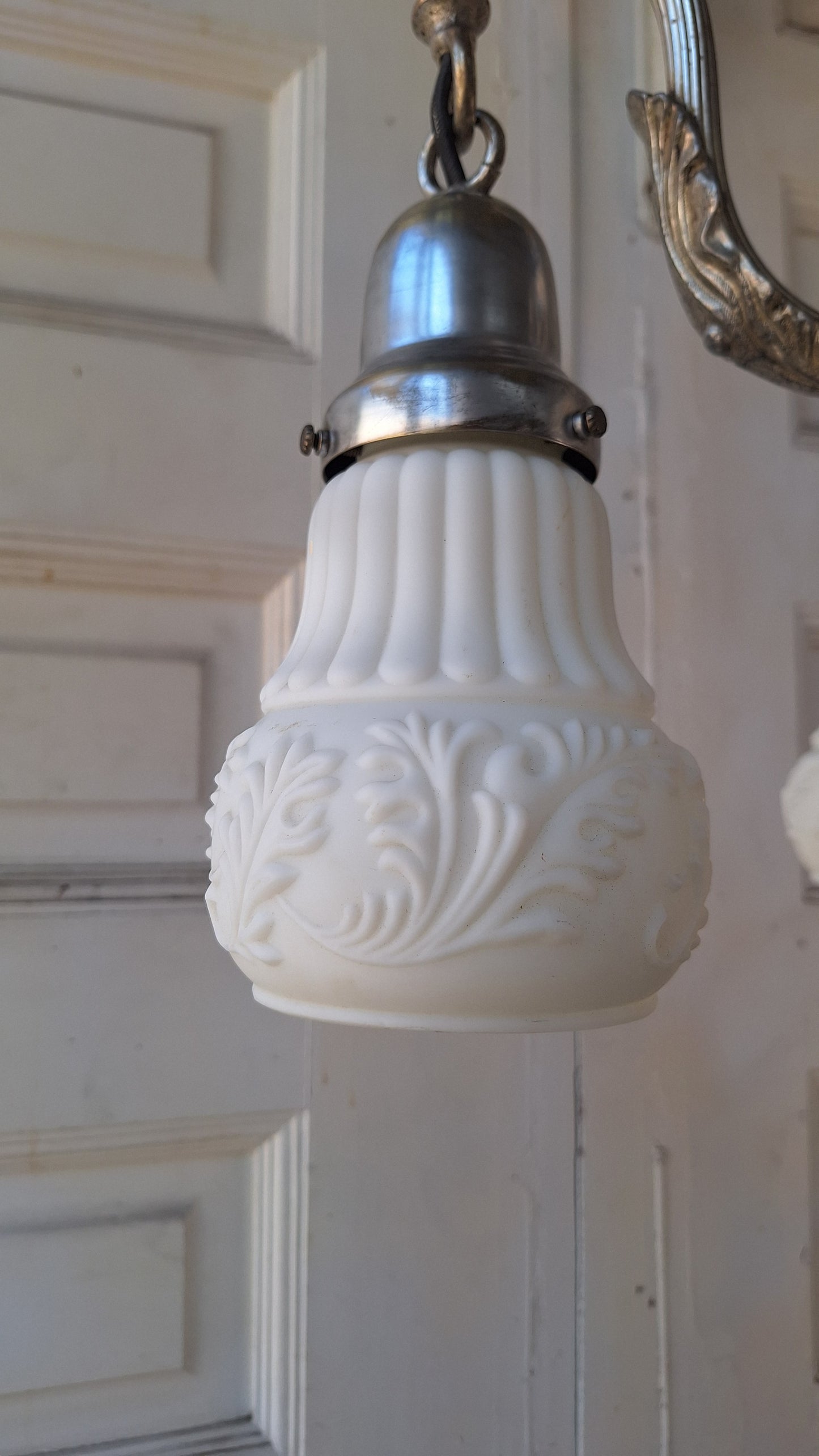 Silver Plated Chandelier: Vintage Four Arm Pan Light with Frosted White Glass Shades
