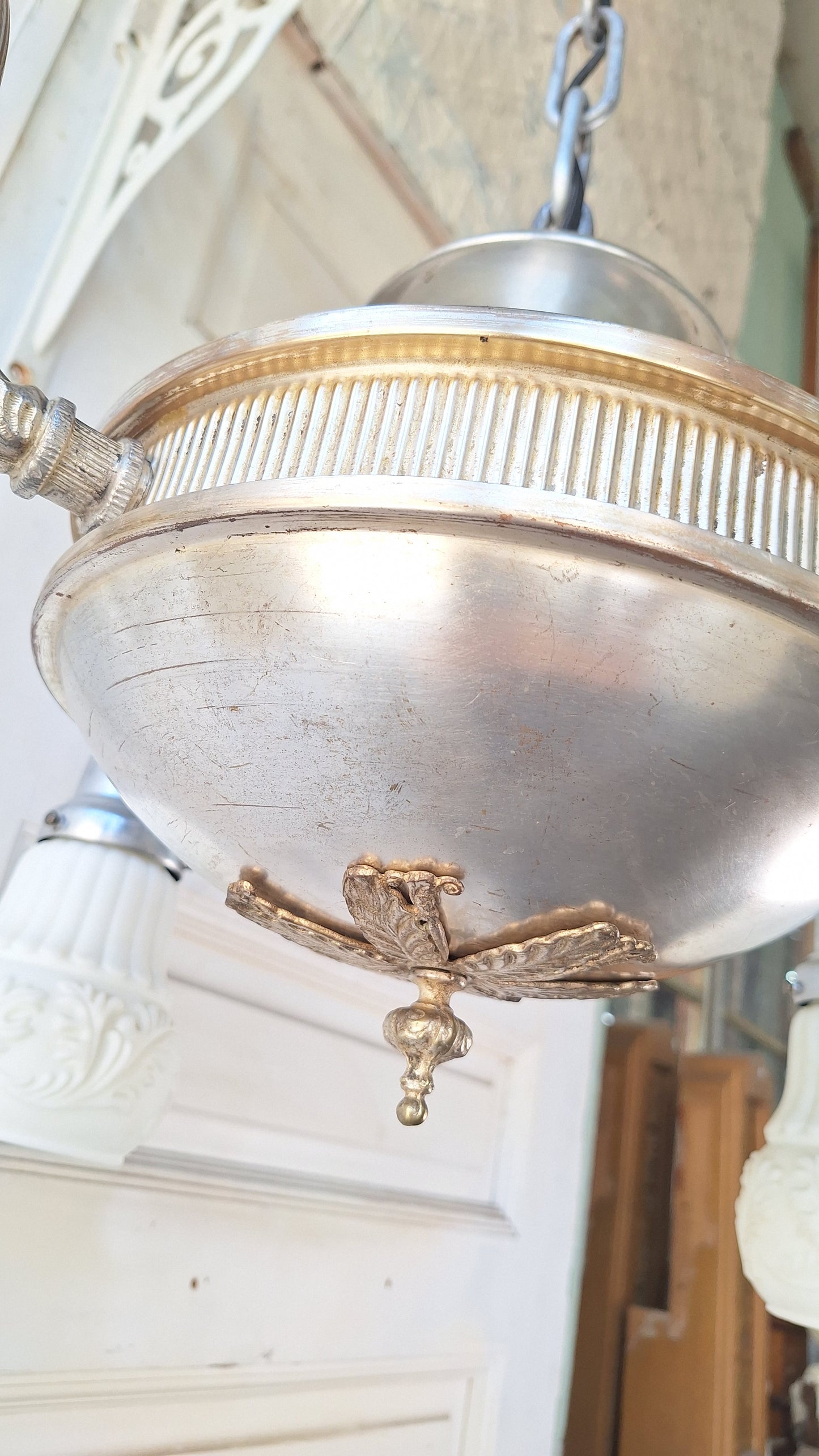 Silver Plated Chandelier: Vintage Four Arm Pan Light with Frosted White Glass Shades