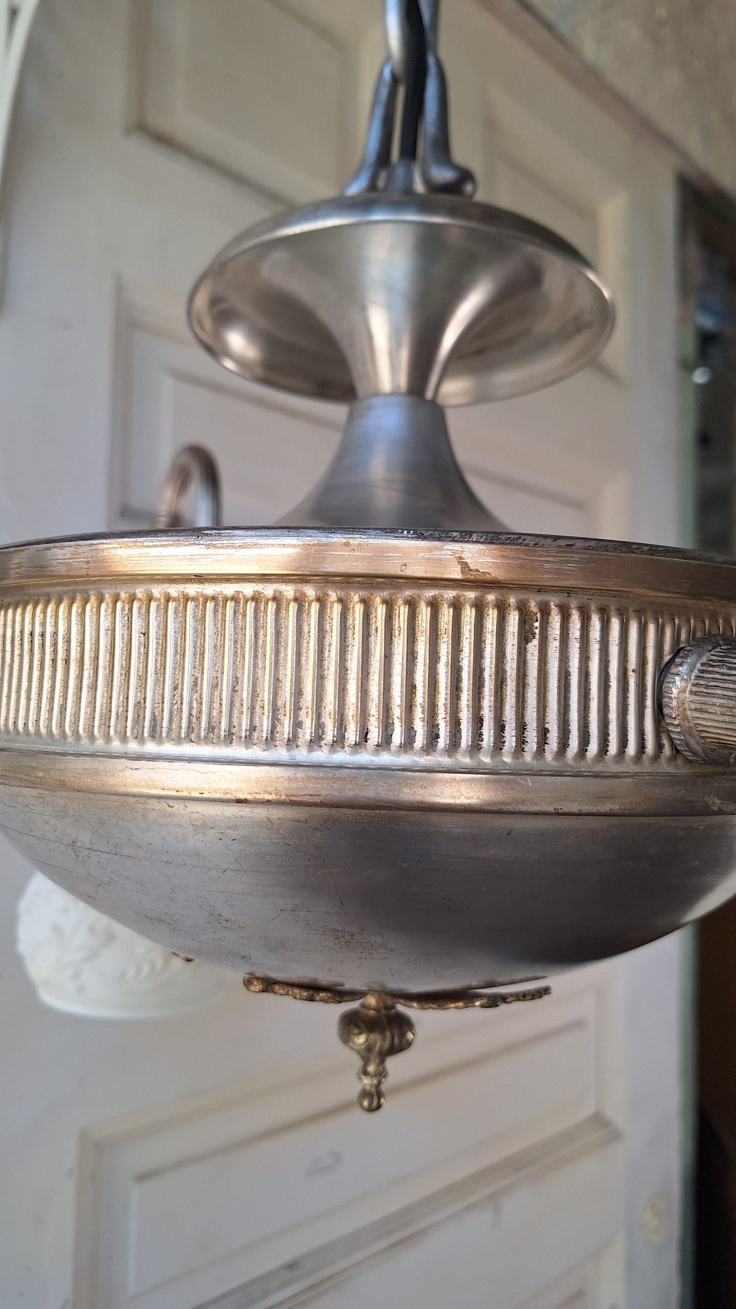 Silver Plated Chandelier: Vintage Four Arm Pan Light with Frosted White Glass Shades