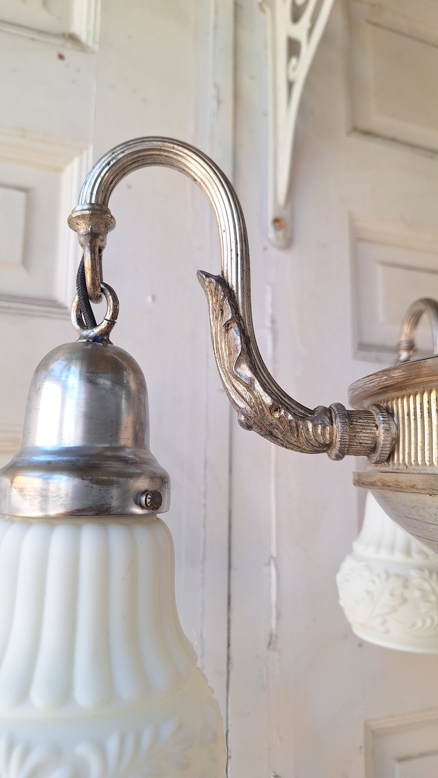 Silver Plated Chandelier: Vintage Four Arm Pan Light with Frosted White Glass Shades