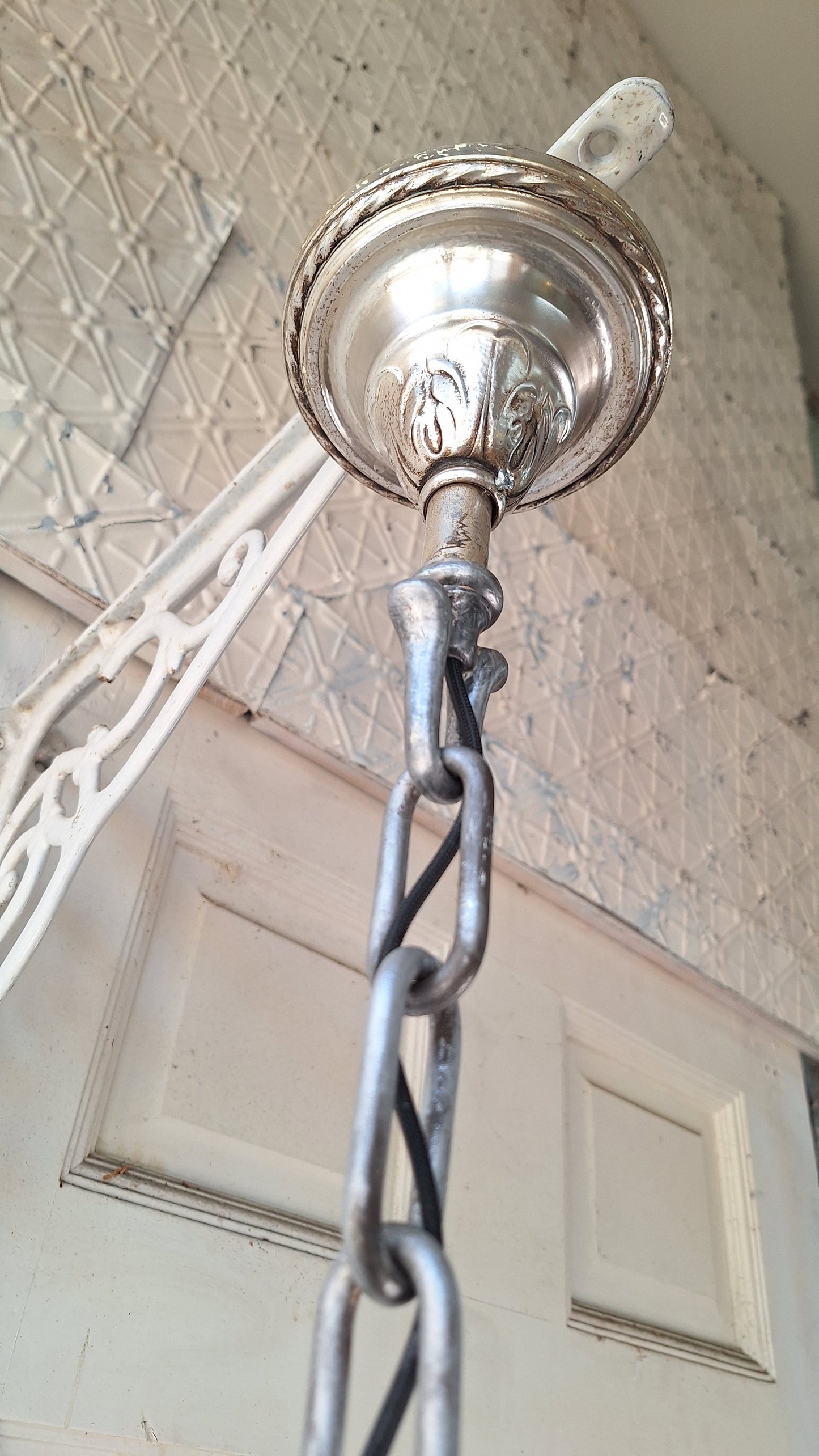 Silver Plated Chandelier: Vintage Four Arm Pan Light with Frosted White Glass Shades
