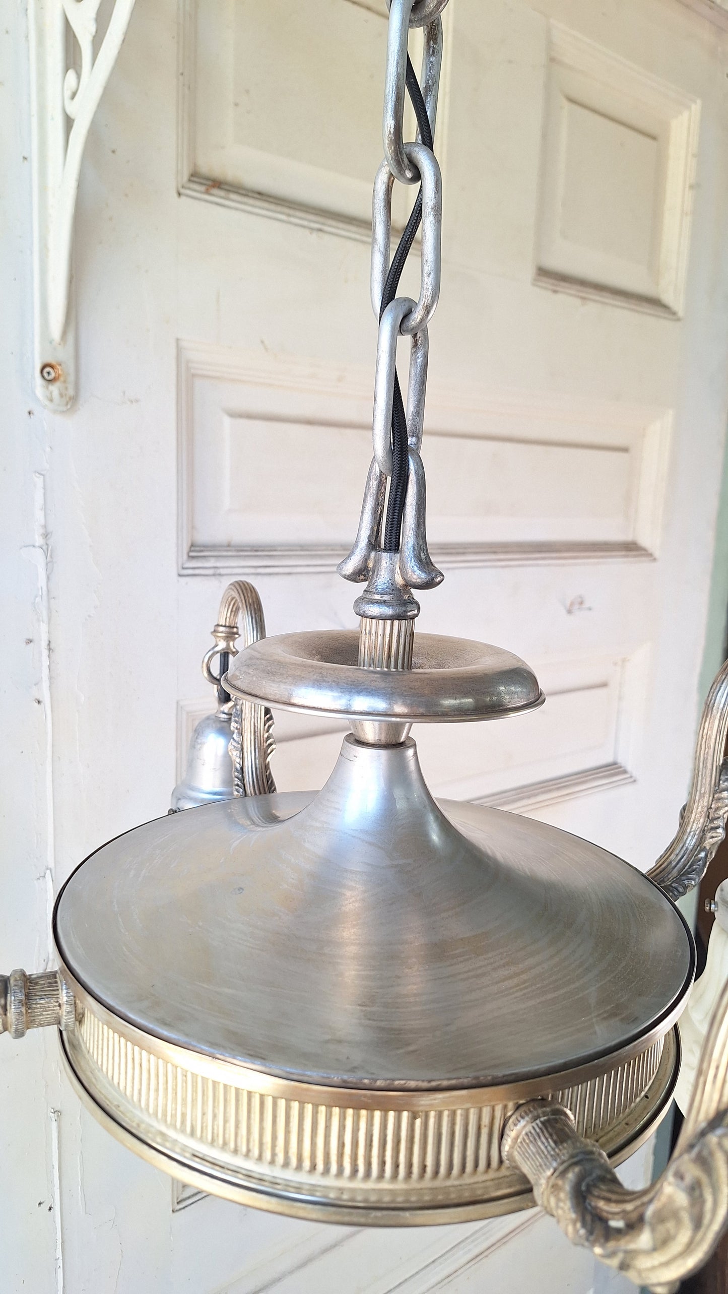 Silver Plated Chandelier: Vintage Four Arm Pan Light with Frosted White Glass Shades