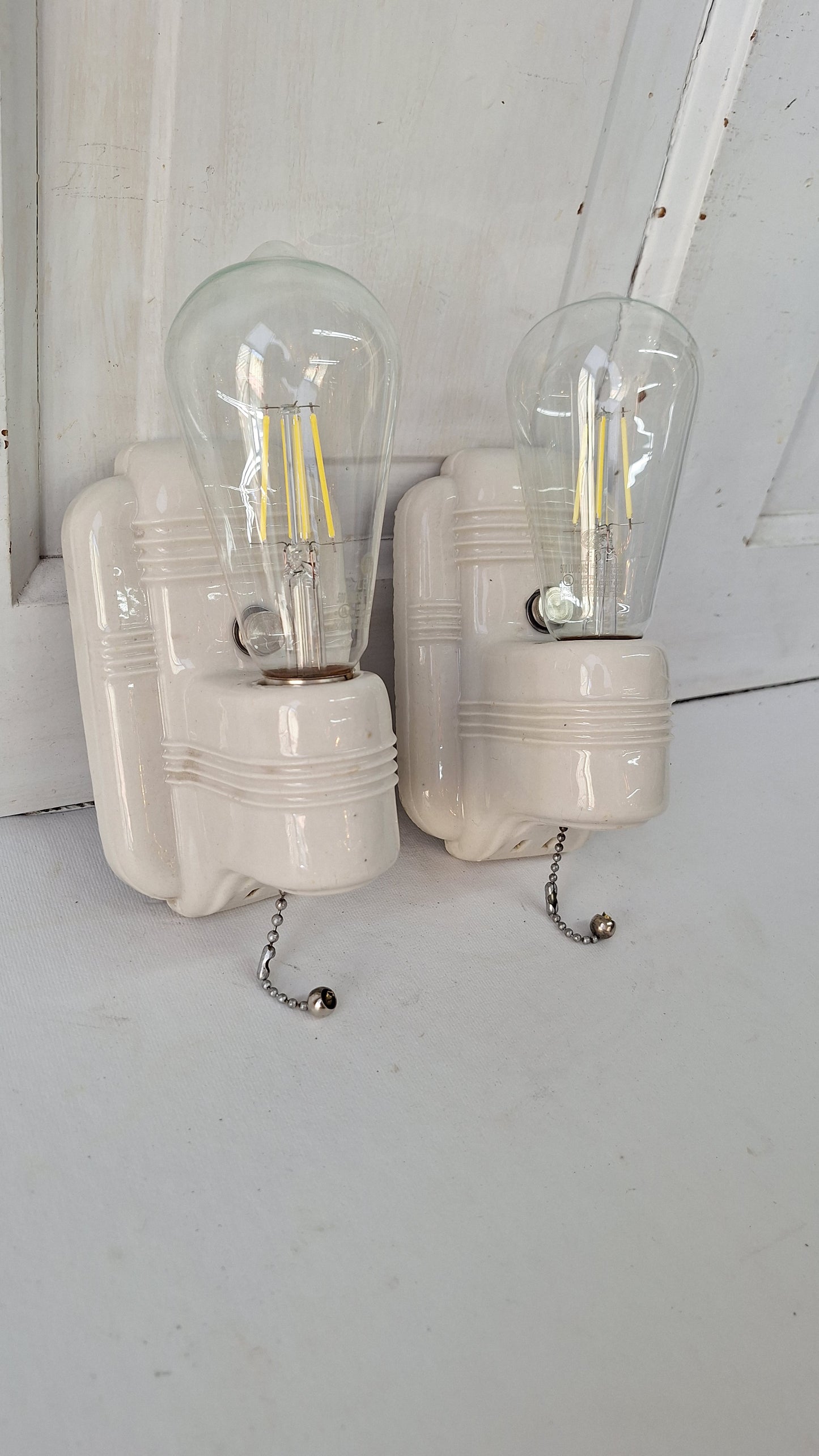 Pull Chain Vintage Porcelain Bathroom Sconces, Set of Ceramic Bathroom Vanity Lights