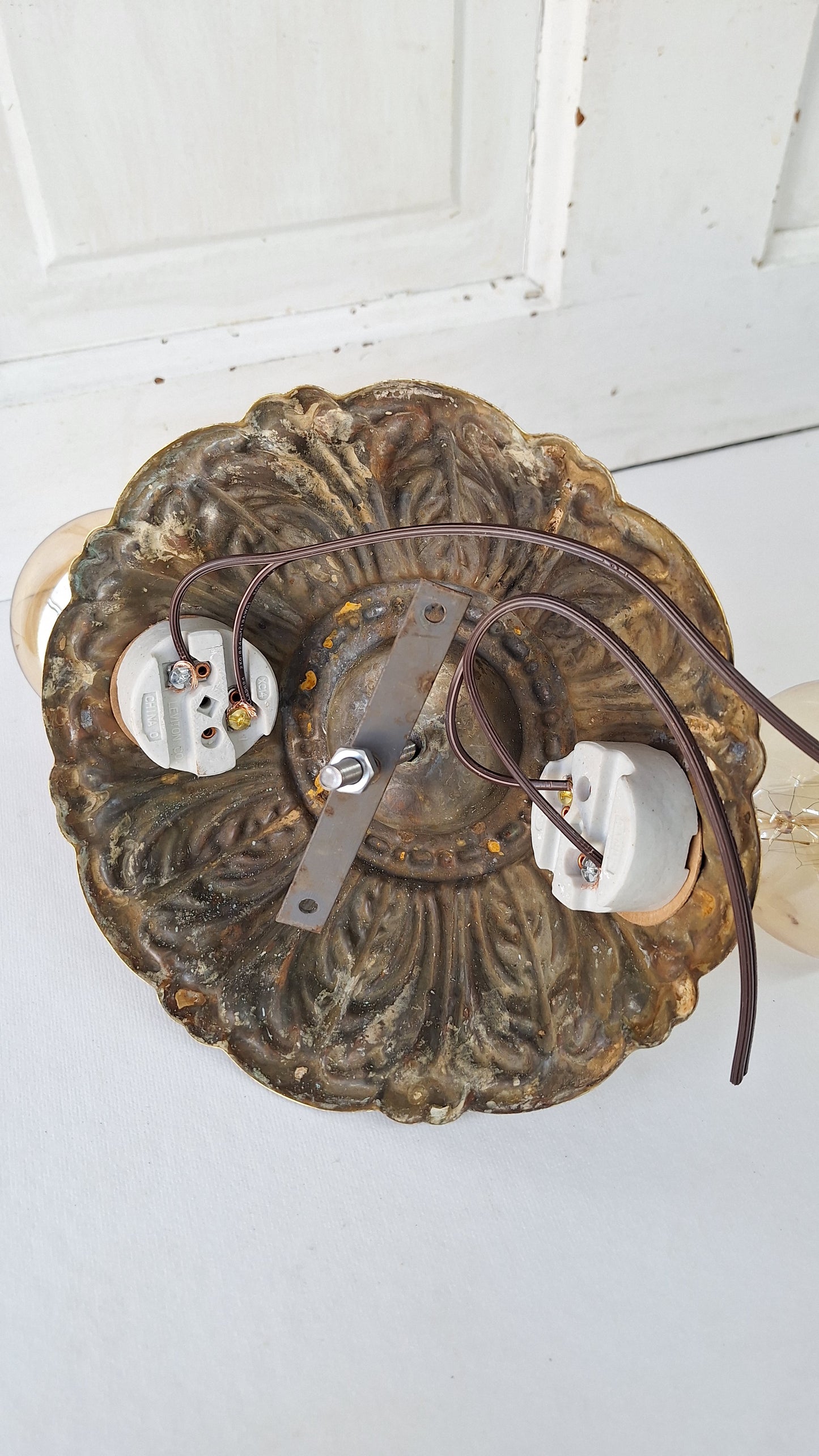 Art Deco Brass Flush Mount Light: Antique Two-Socket Ceiling Fixture