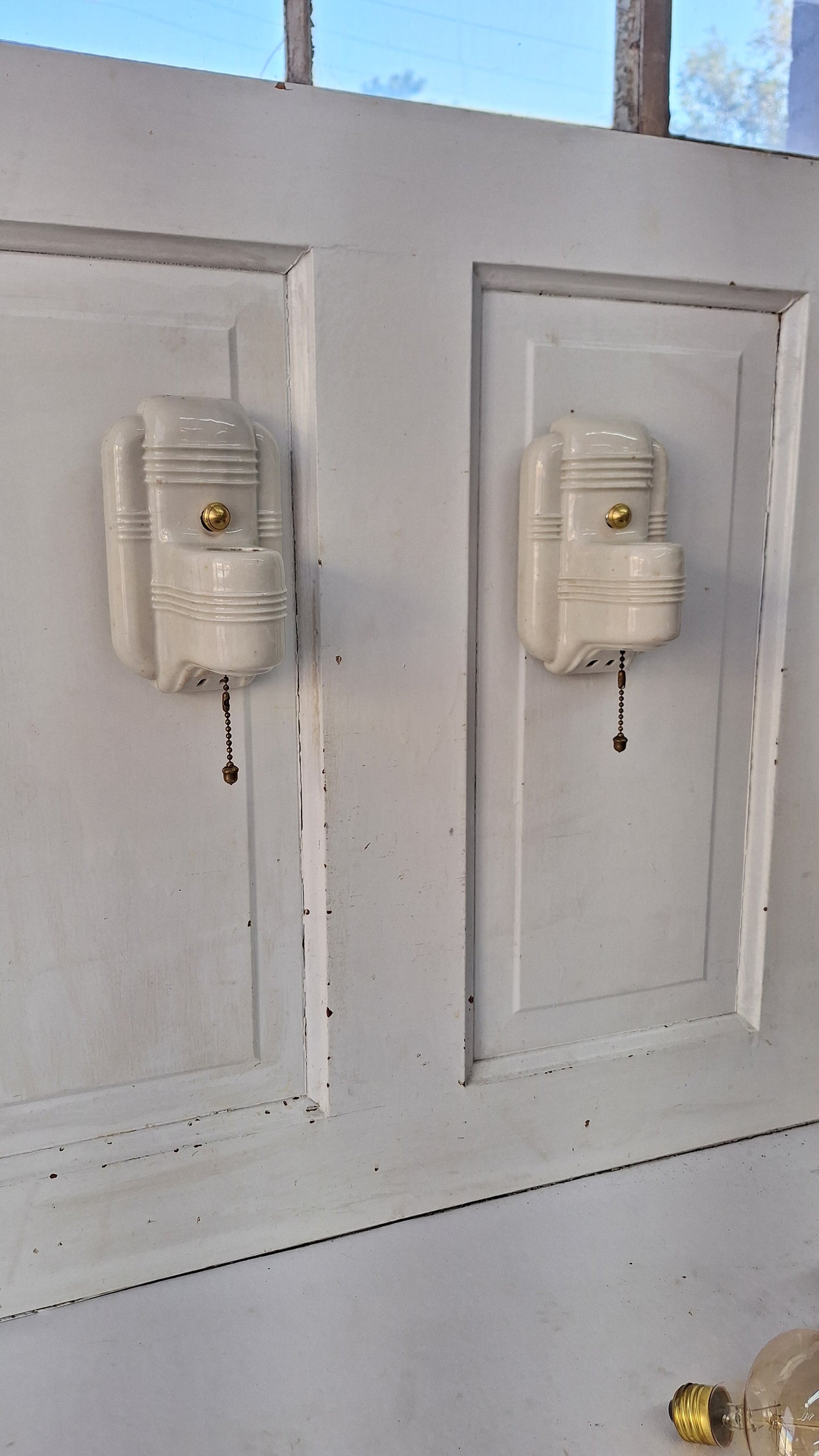 Pull Chain Vintage Porcelain Bathroom Sconces, Vanity Lights Pair