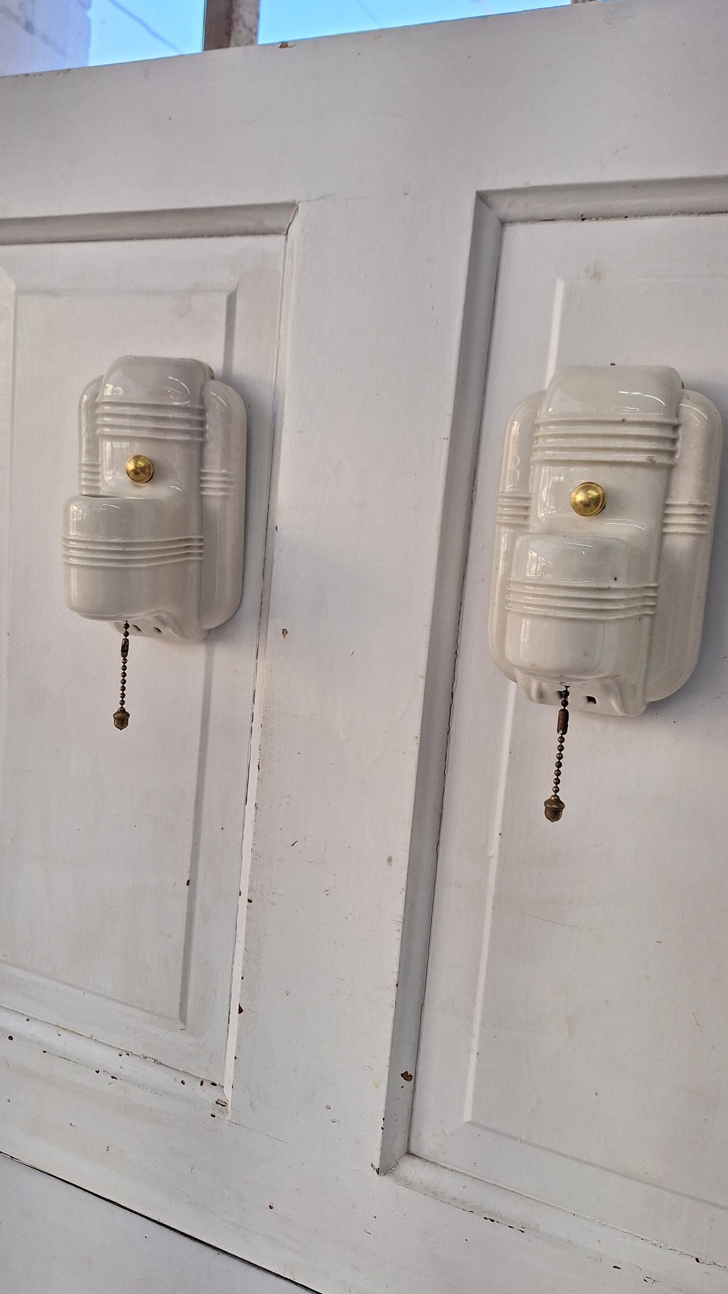 Pull Chain Vintage Porcelain Bathroom Sconces, Vanity Lights Pair