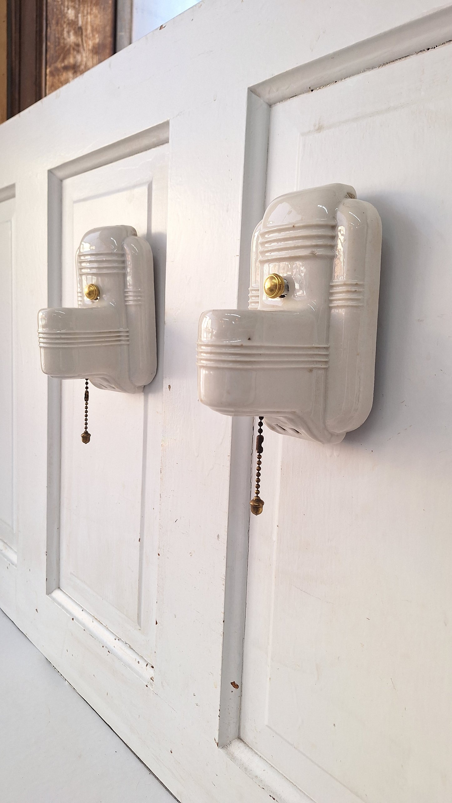 Pull Chain Vintage Porcelain Bathroom Sconces, Vanity Lights Pair